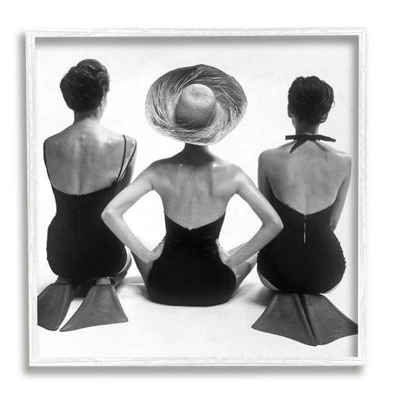Stupell Industries Women Sitting Beach Monochrome Vintage Swimsuits Flippers Photograph White Framed Art Print Wall Art, Design by Graffitee Studios
