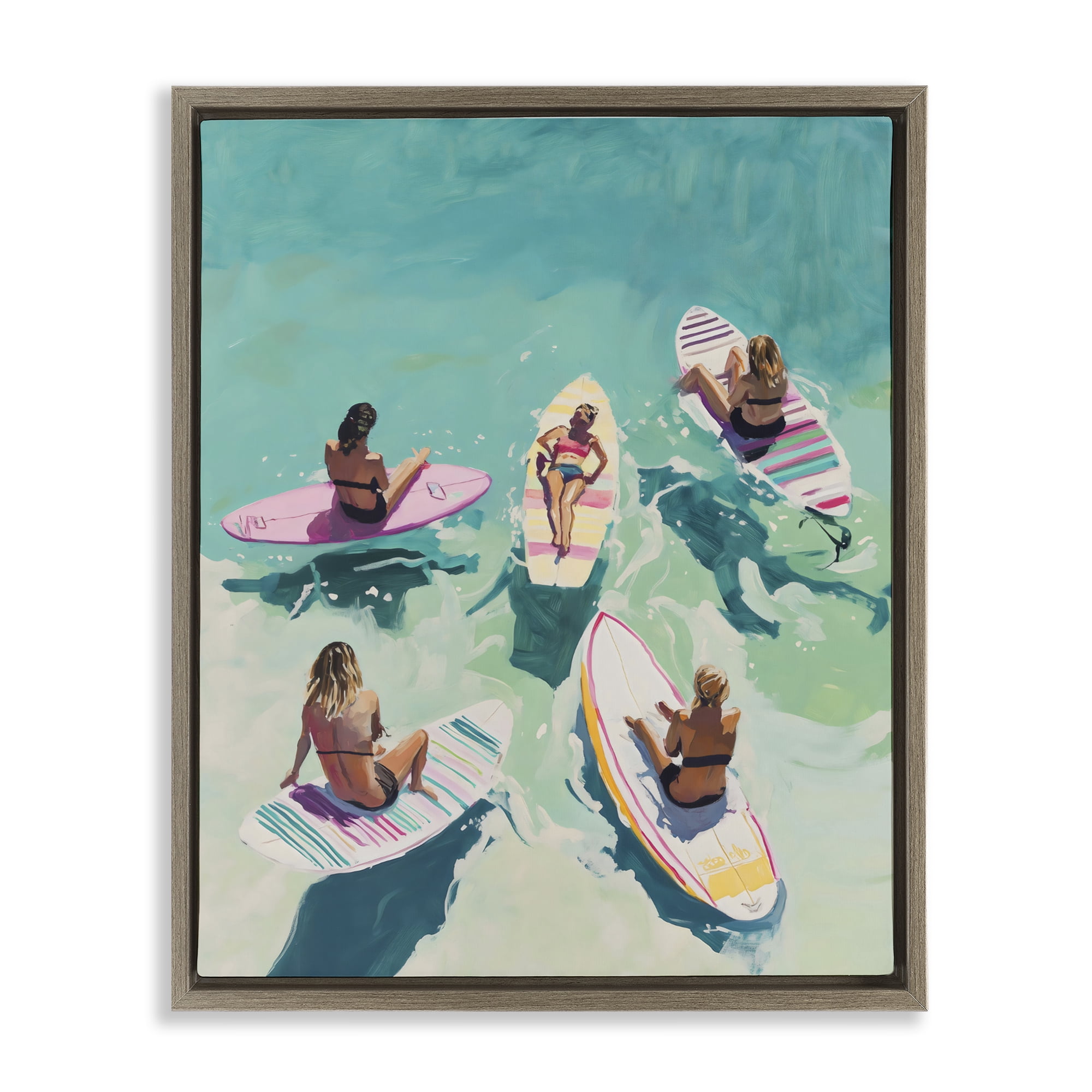 Stupell Industries Women Surfers at Turquoise Beach Brown Framed Floater Canvas Wall Art, design by The Prints Vibe