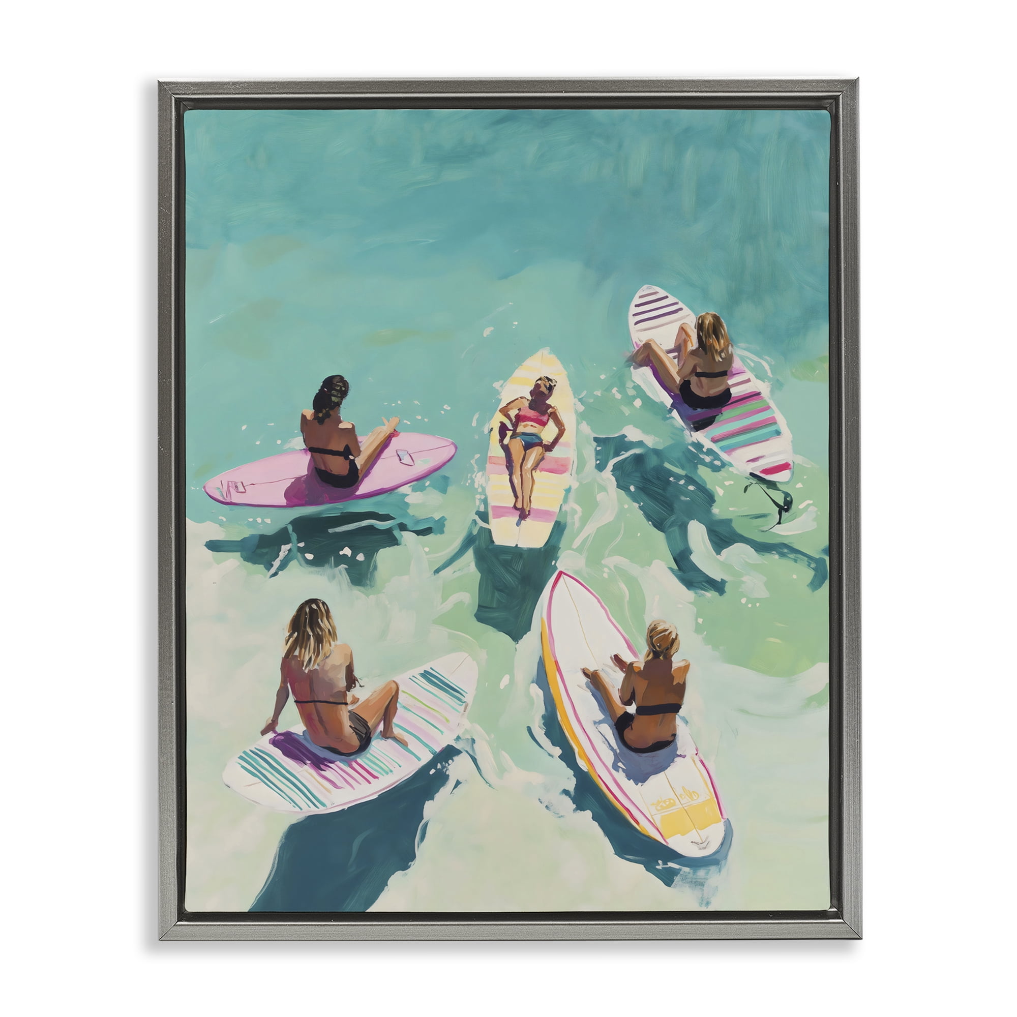 Stupell Industries Women Surfers at Turquoise Beach Gray Framed Floater Canvas Wall Art, design by The Prints Vibe