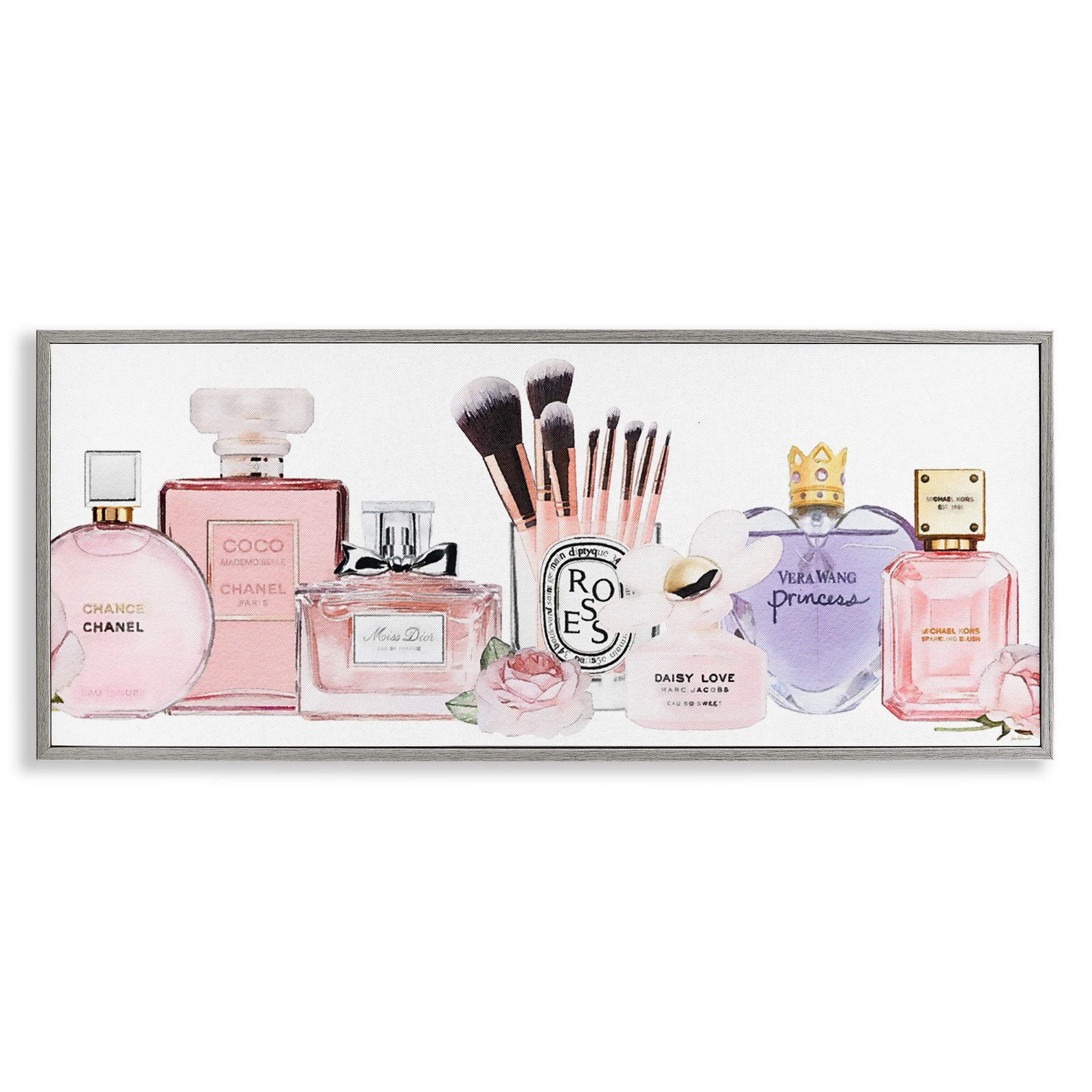 Stupell Industries Women's Fashion Fragrance Glam Accessories Graphic Art Gray Framed Art Print Wall Art, 10x24, by Amanda Greenwood