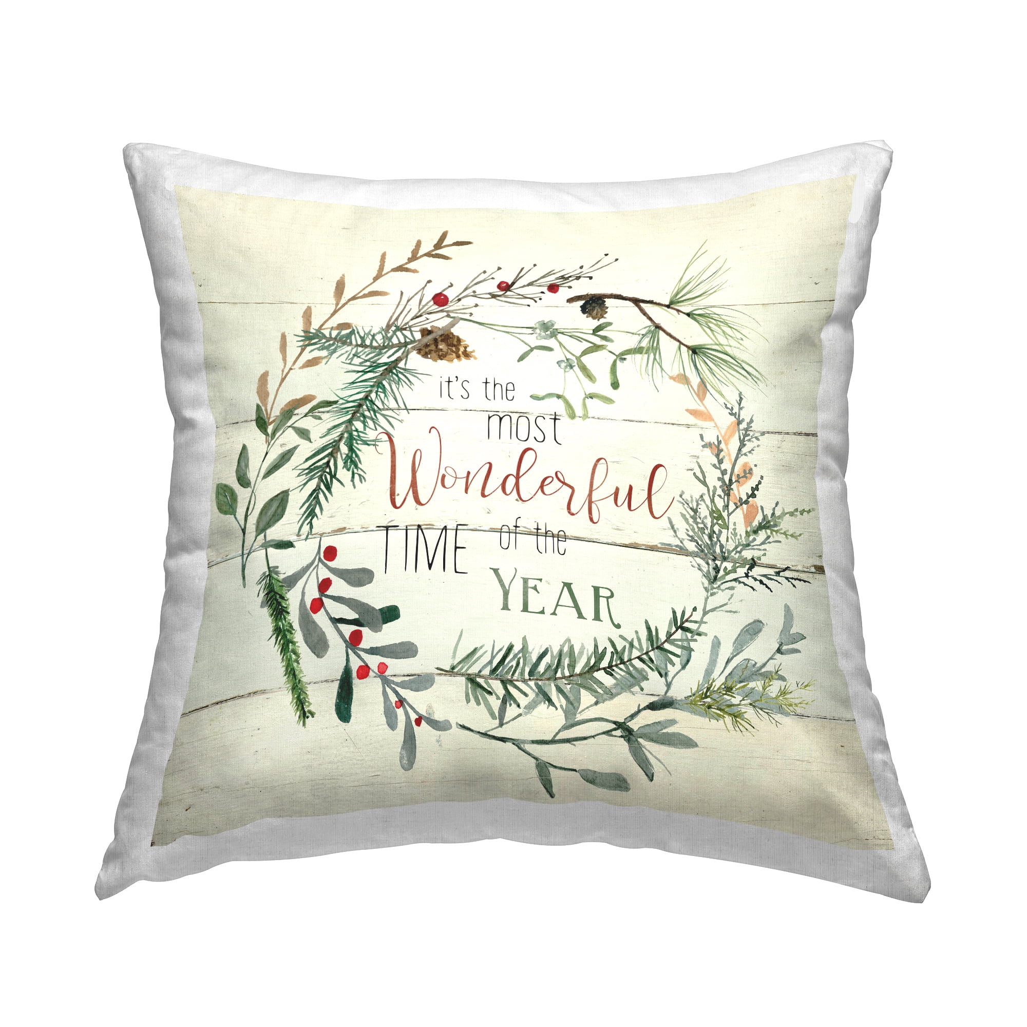 Stupell Industries Wonderful Time of Year Holiday Botanicals Wreath Design by Carol Robinson Throw Pillow