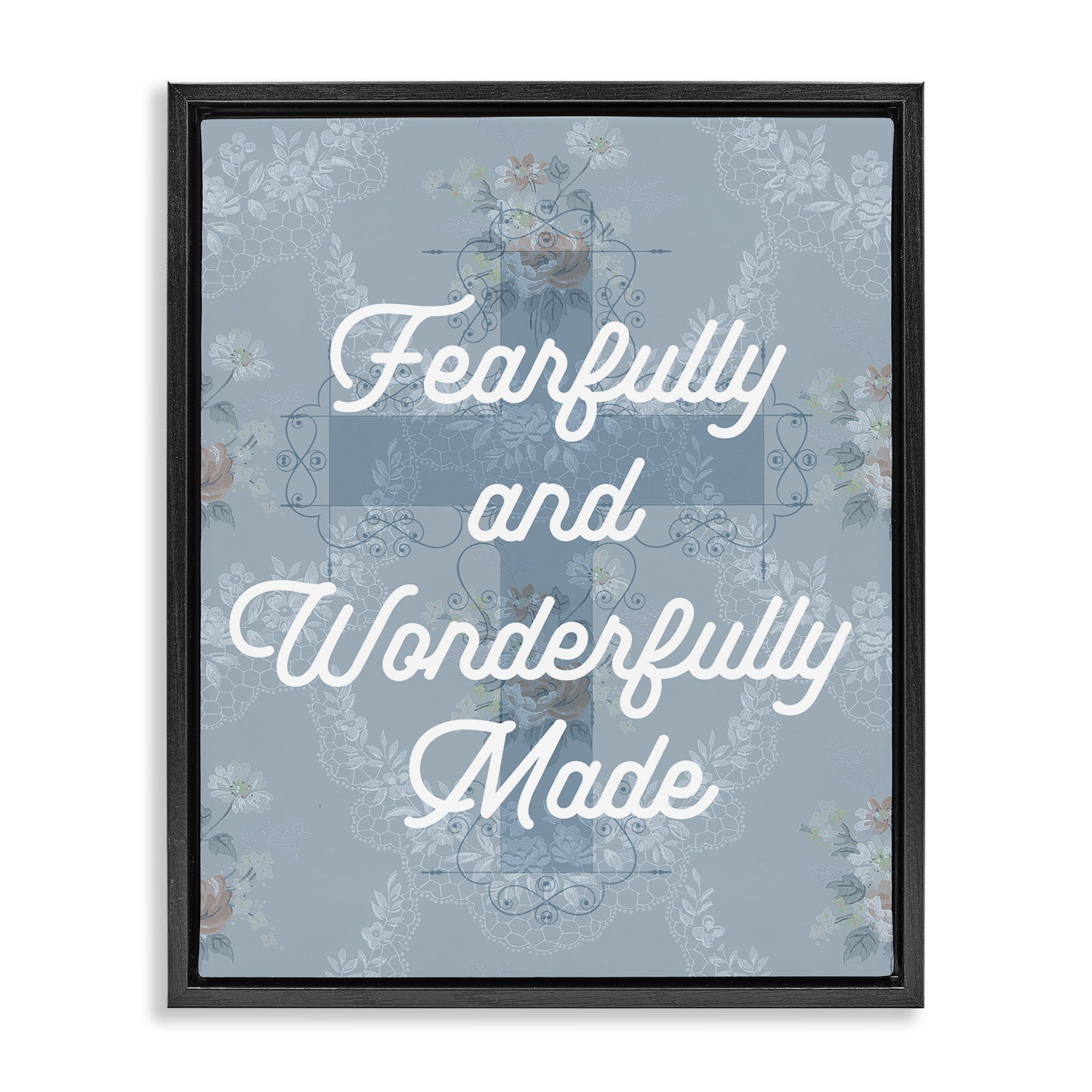 Stupell Industries Wonderfully Made Floral Cross Religious & Spiritual Painting Black Floater Framed Canvas Art Print Wall Art, 25 x 31