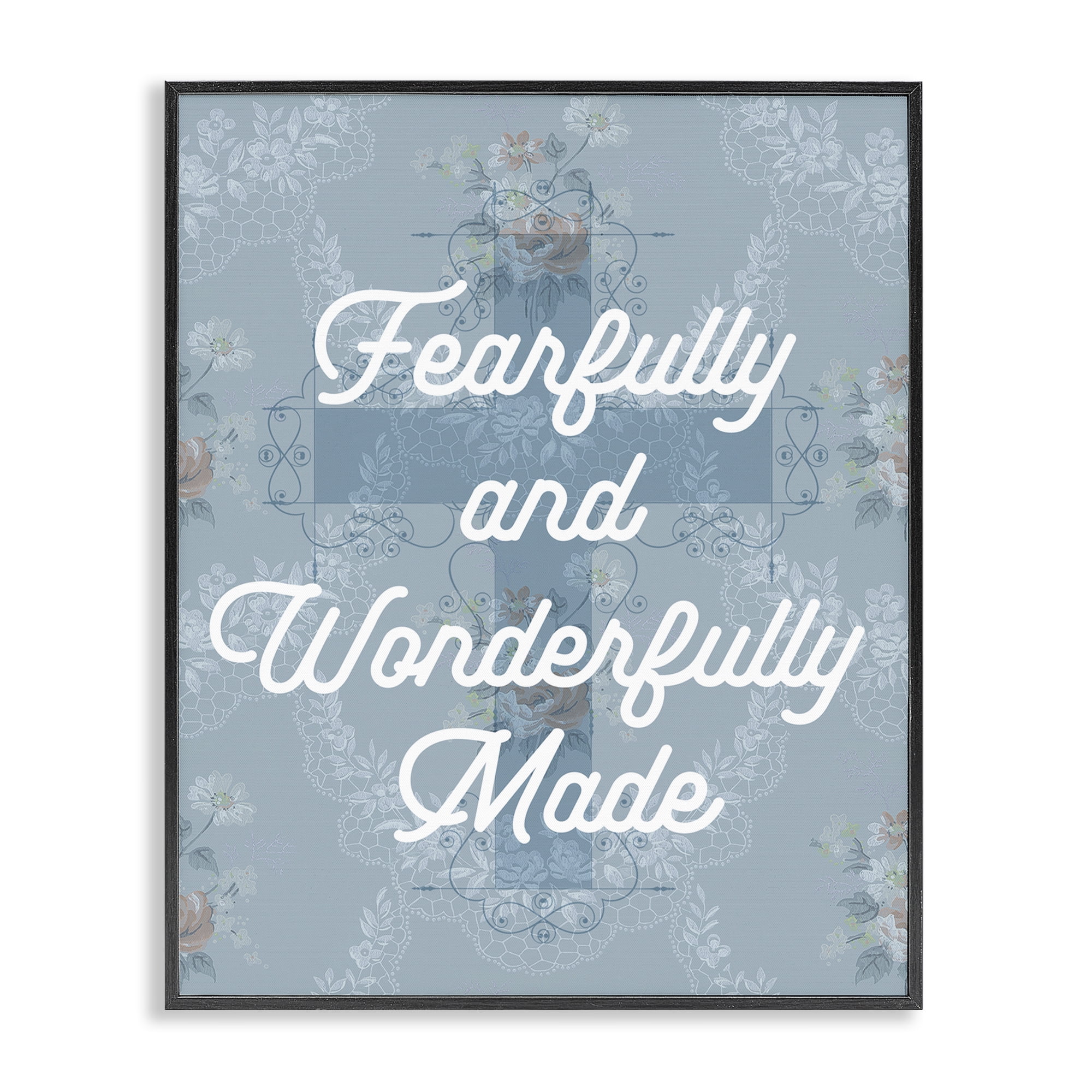 Stupell Industries Wonderfully Made Floral Cross Religious & Spiritual Painting Black Framed Art Print Wall Art, 16 x 20