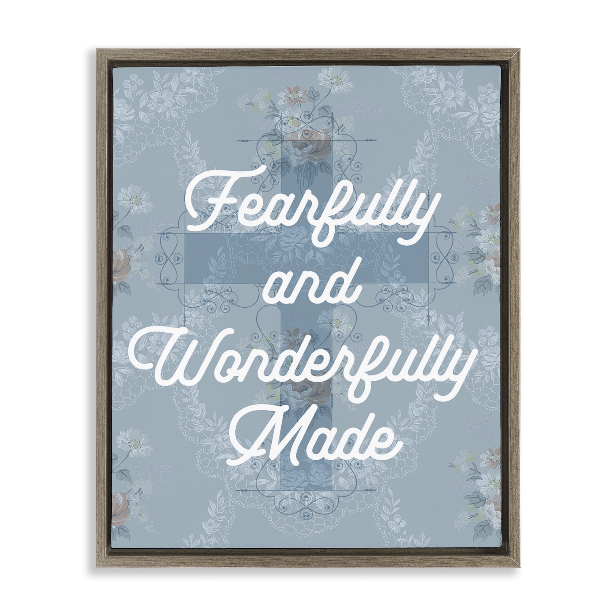 Stupell Industries Wonderfully Made Floral Cross Religious & Spiritual Painting Brown Floater Framed Canvas Art Print Wall Art, 25 x 31