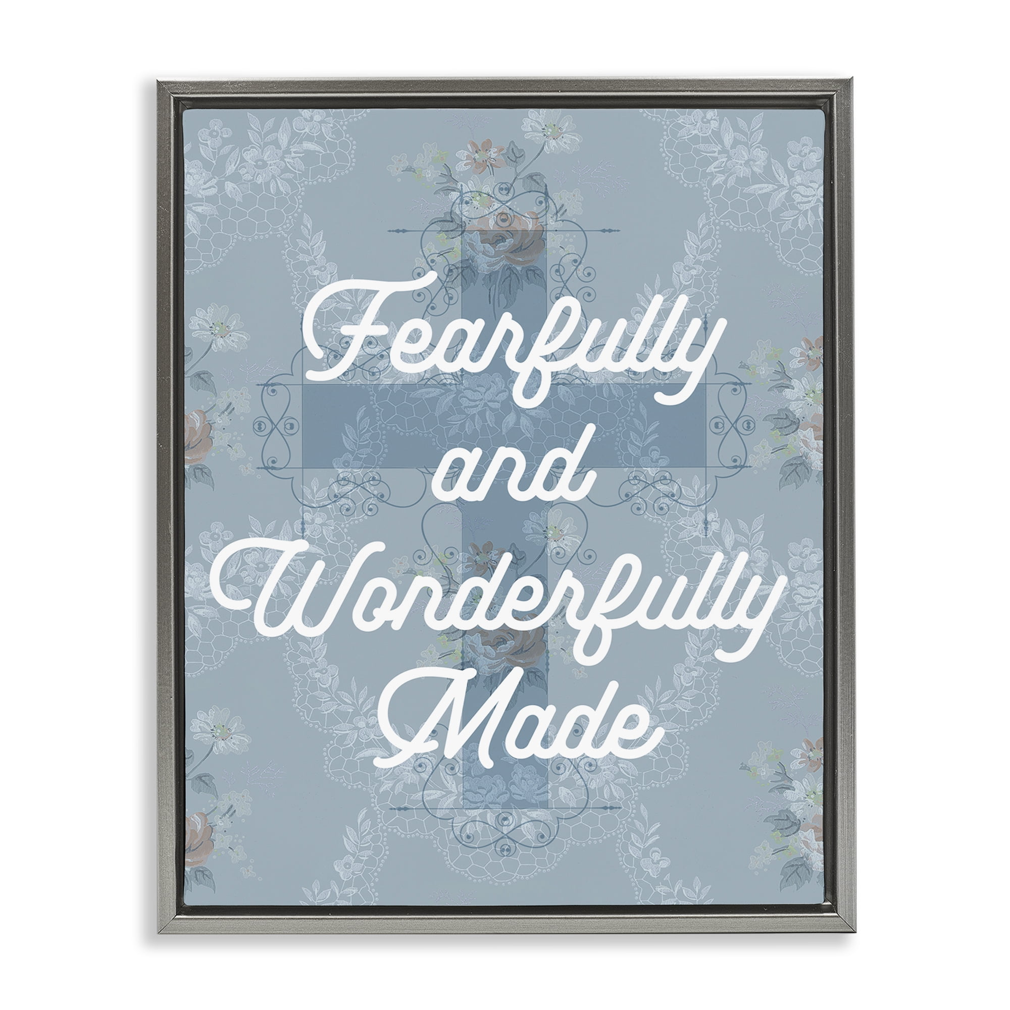 Stupell Industries Wonderfully Made Floral Cross Religious & Spiritual Painting Gray Floater Framed Canvas Art Print Wall Art, 25 x 31