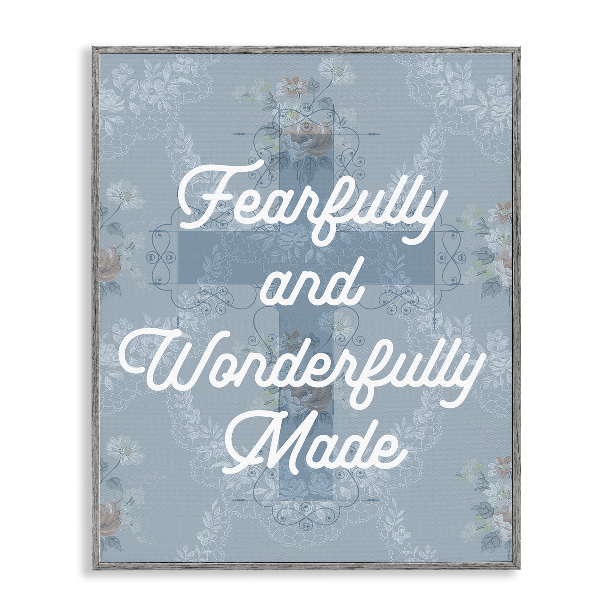Stupell Industries Wonderfully Made Floral Cross Religious & Spiritual Painting Gray Framed Art Print Wall Art, 16 x 20