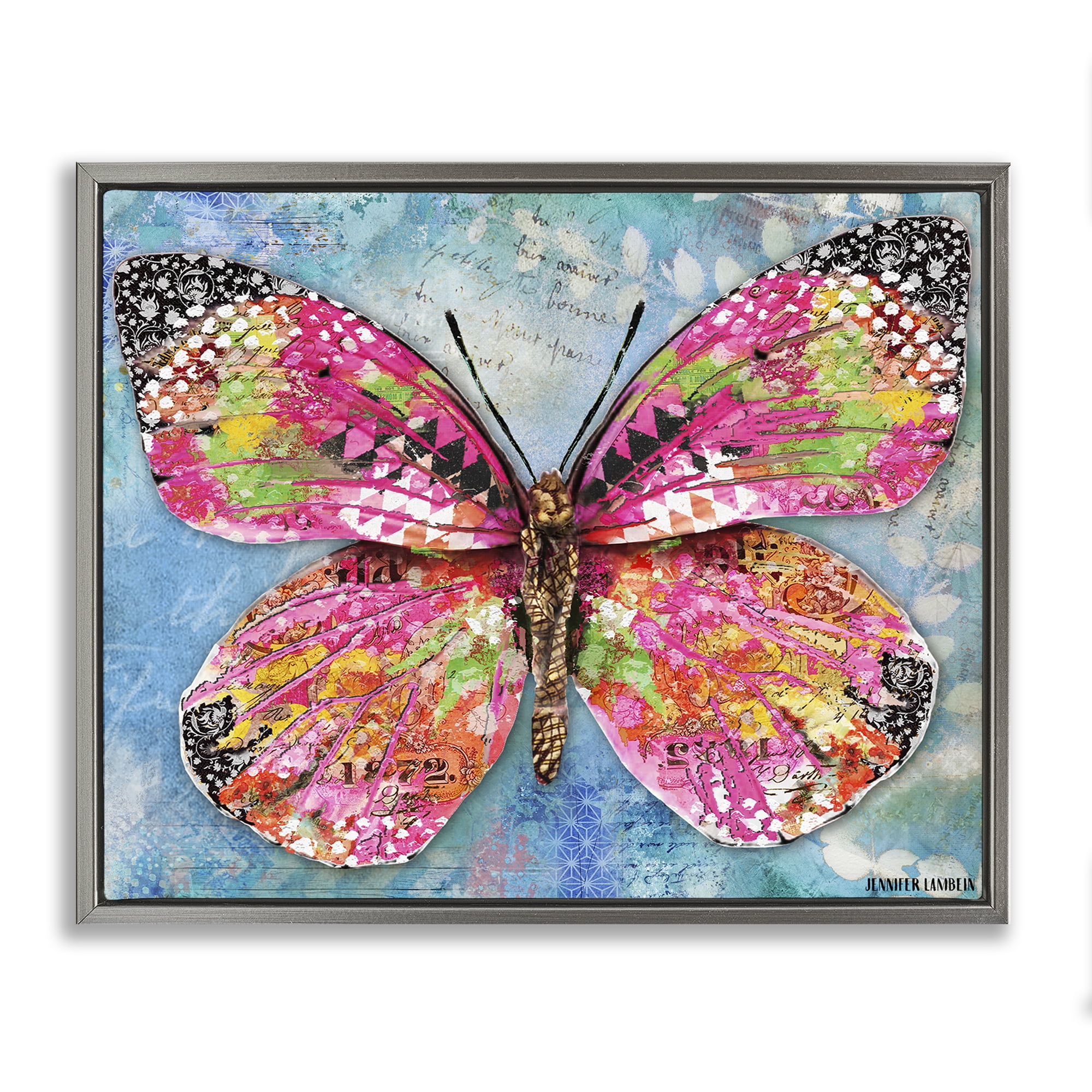 Stupell Industries Wonderland Butterfly Pattern Animals Painting Gray Floater Framed Canvas Art Print Wall Art, 21 x 17