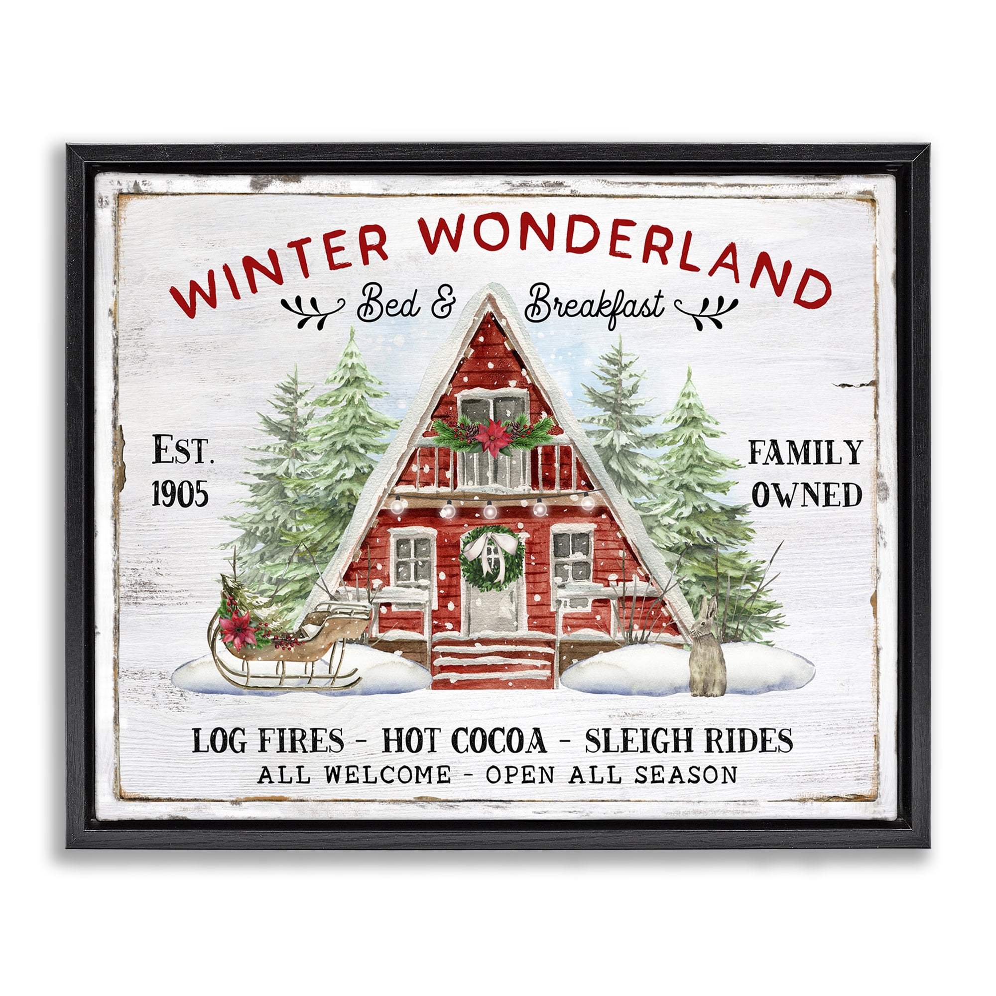 Stupell Industries Wonderland Christmas Cabin Holiday Painting Black Floater Framed Canvas Art Prints Wall Art, 31 x 25