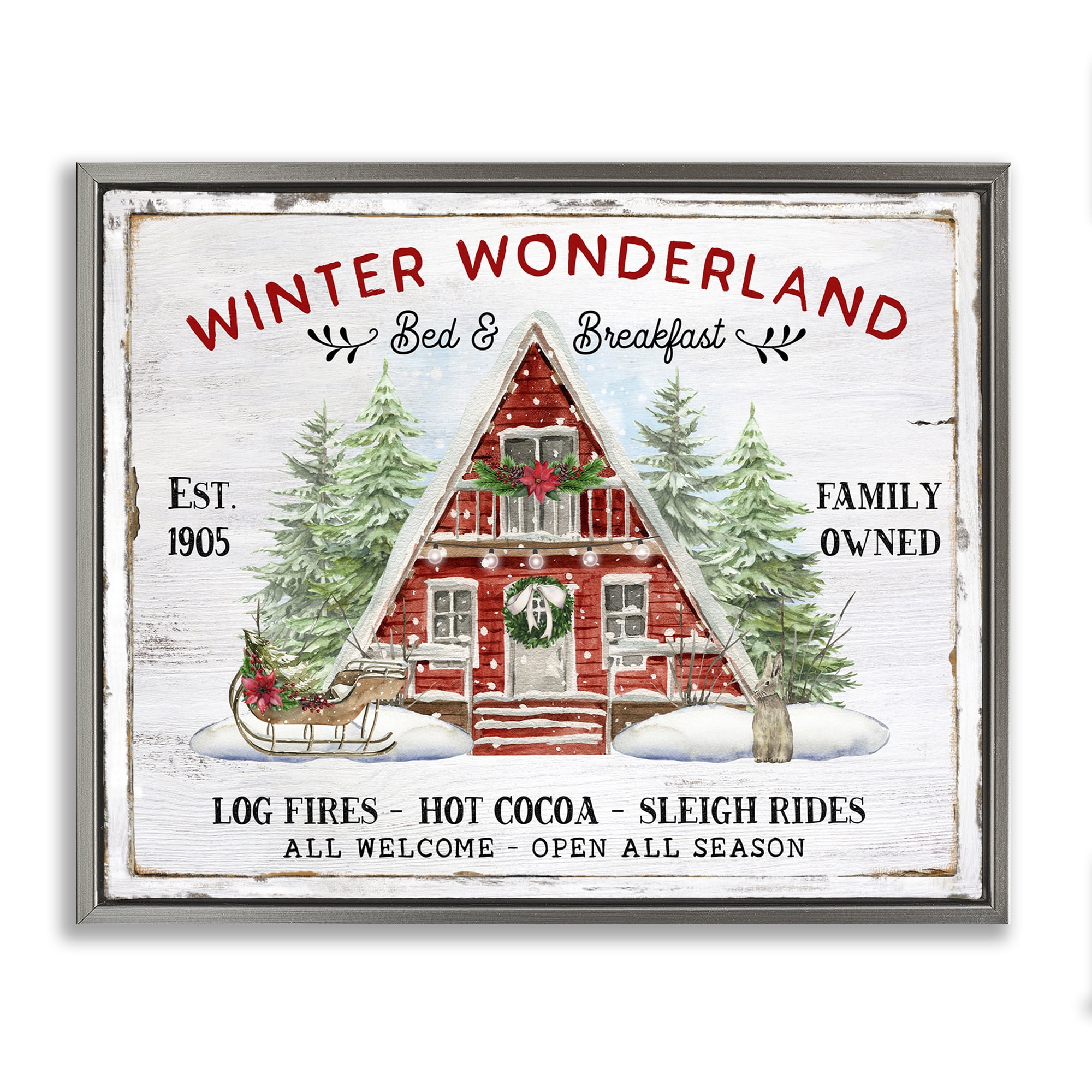 Stupell Industries Wonderland Christmas Cabin Holiday Painting Gray Floater Framed Canvas Art Prints Wall Art, 31 x 25