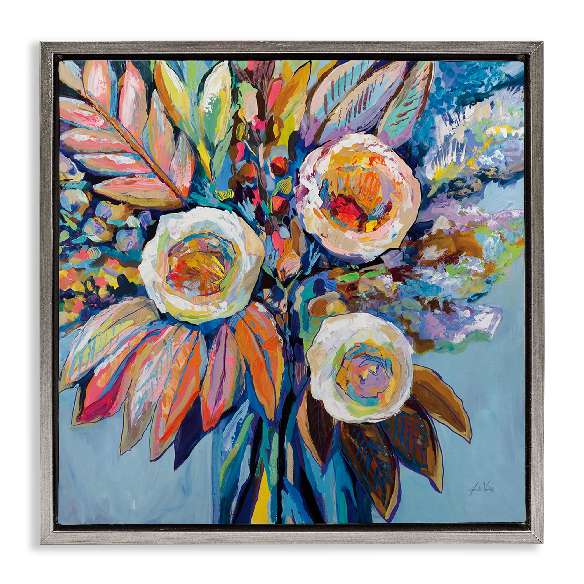 Stupell Industries Wonderment Bold Bouquet Botanical & Floral Painting Gray Floater Framed Art Print Wall Art, 18 x 18