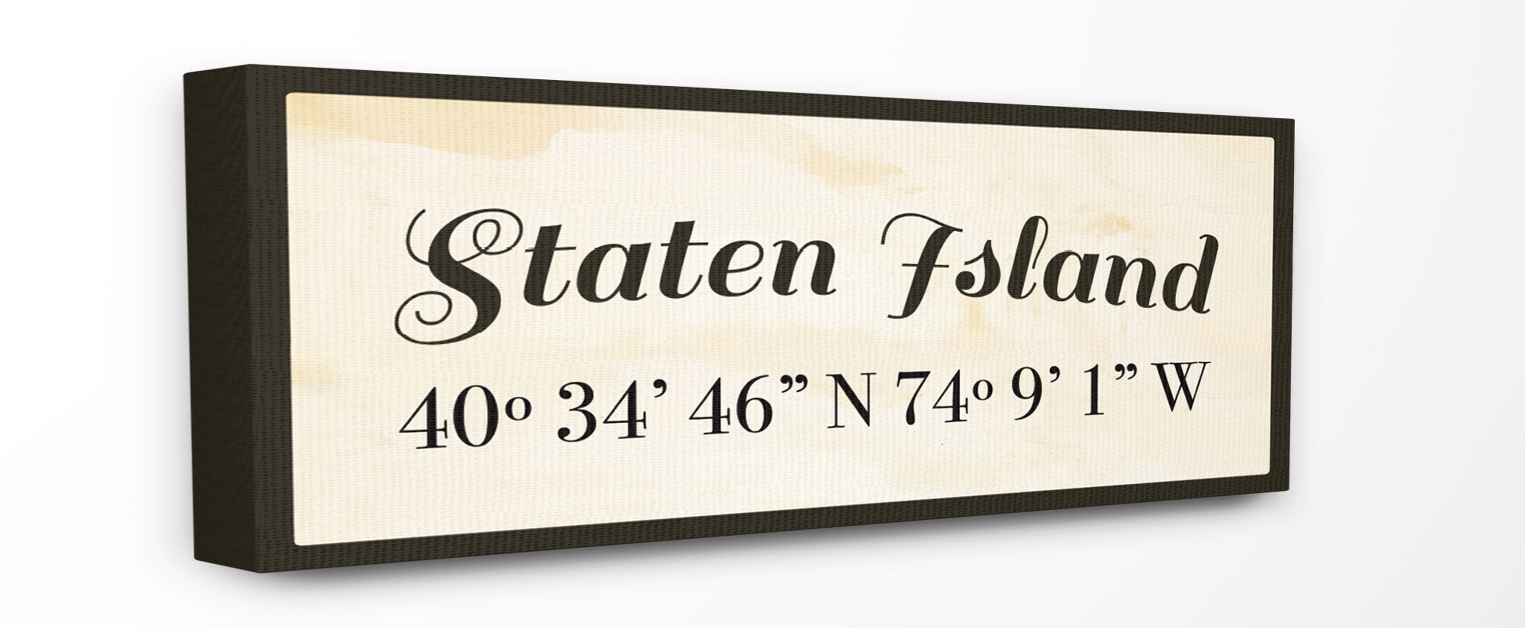 Stupell Industries Wood Cursive City Coordinates Staten Island Town & City Painting Gallery Wrapped Canvas Art Print Wall Art, 10 x 24