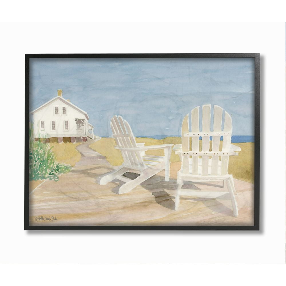 Stupell Industries Wooden Beach Chairs in Serene Cape Landscape Watercolor Framed Wall Art Design by Stellar Design Studio, 11" x 14", Black Framed