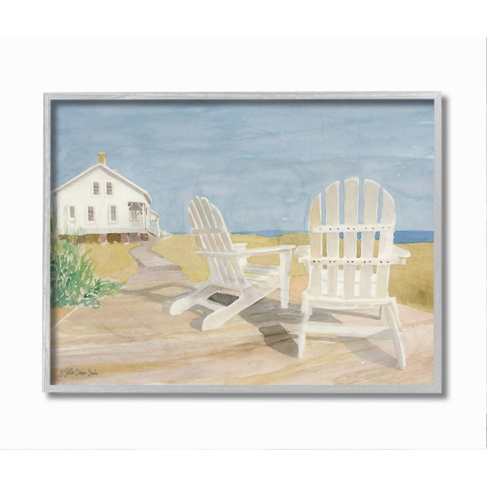 Stupell Industries Wooden Beach Chairs in Serene Cape Landscape Watercolor Framed Wall Art Design by Stellar Design Studio