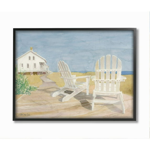 Stupell Industries Wooden Beach Chairs in Serene Cape Landscape Watercolor Framed Wall Art Design by Stellar Design Studio, 24" x 30", Black Framed