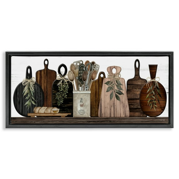 Stupell Industries Wooden Kitchen Items Food & Beverage Painting Black Floater Framed Canvas Art Print Wall Art, 31 x 14