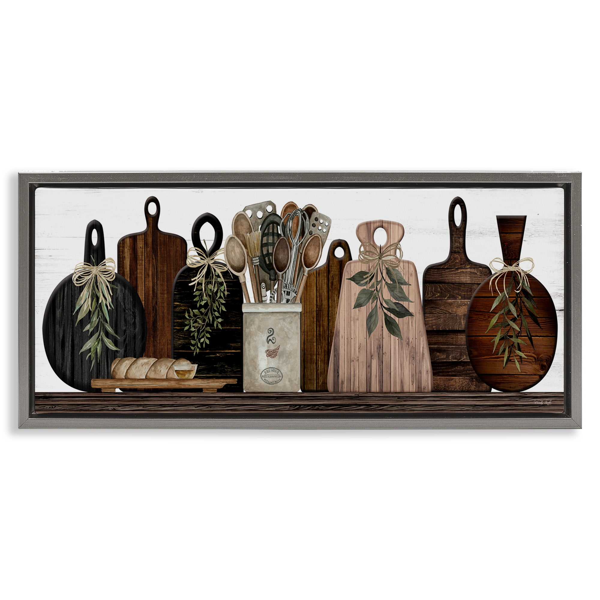 Stupell Industries Wooden Kitchen Items Food & Beverage Painting Gray Floater Framed Canvas Art Print Wall Art, 31 x 14