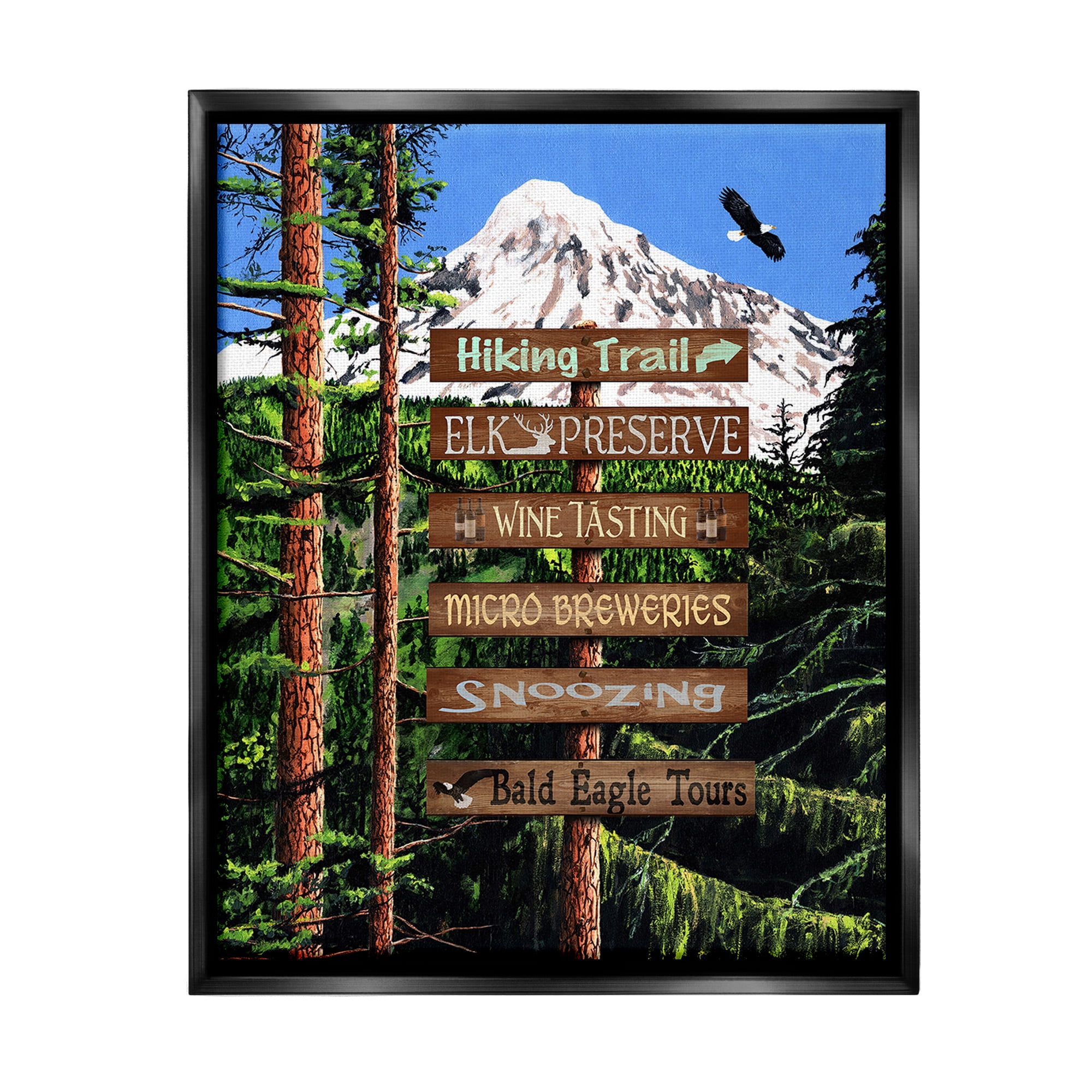 Stupell Industries Woodland Activities Sign Landscape Painting Black Floater Framed Canvas Art Print Wall Art, 25 x 31