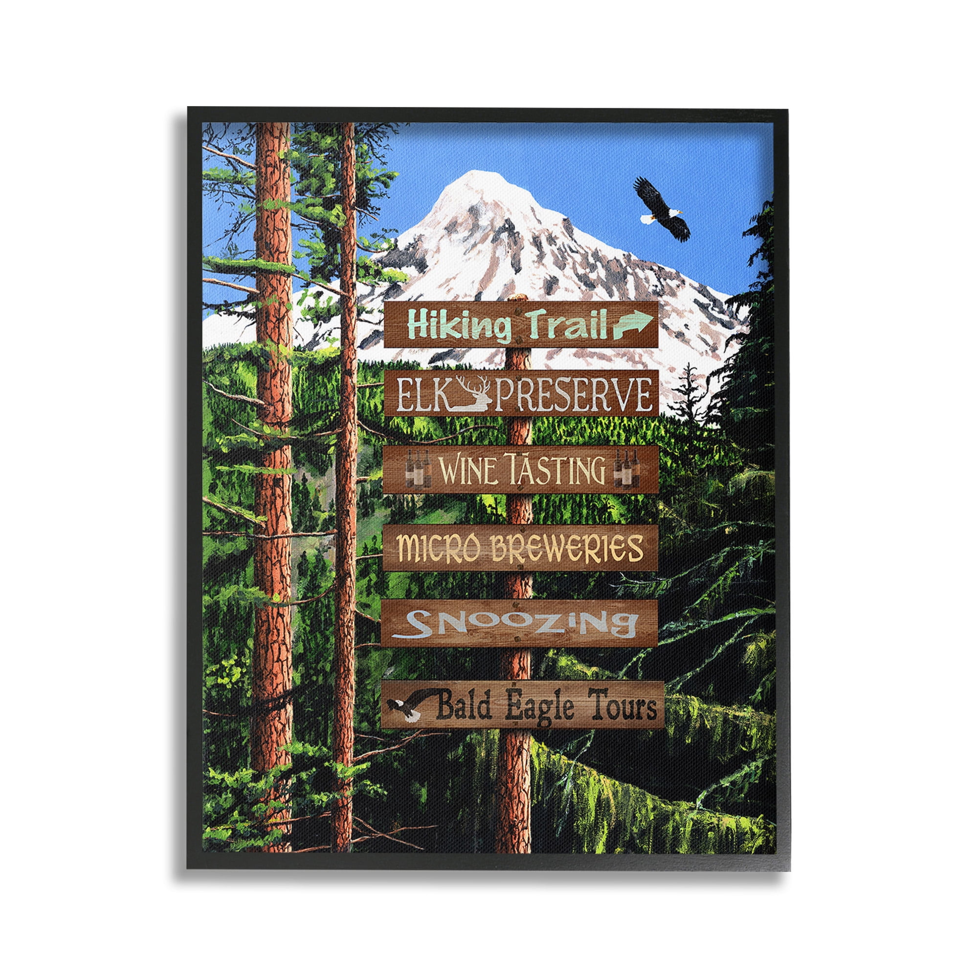Stupell Industries Woodland Activities Sign Landscape Painting Black Framed Art Print Wall Art, 24 x 30