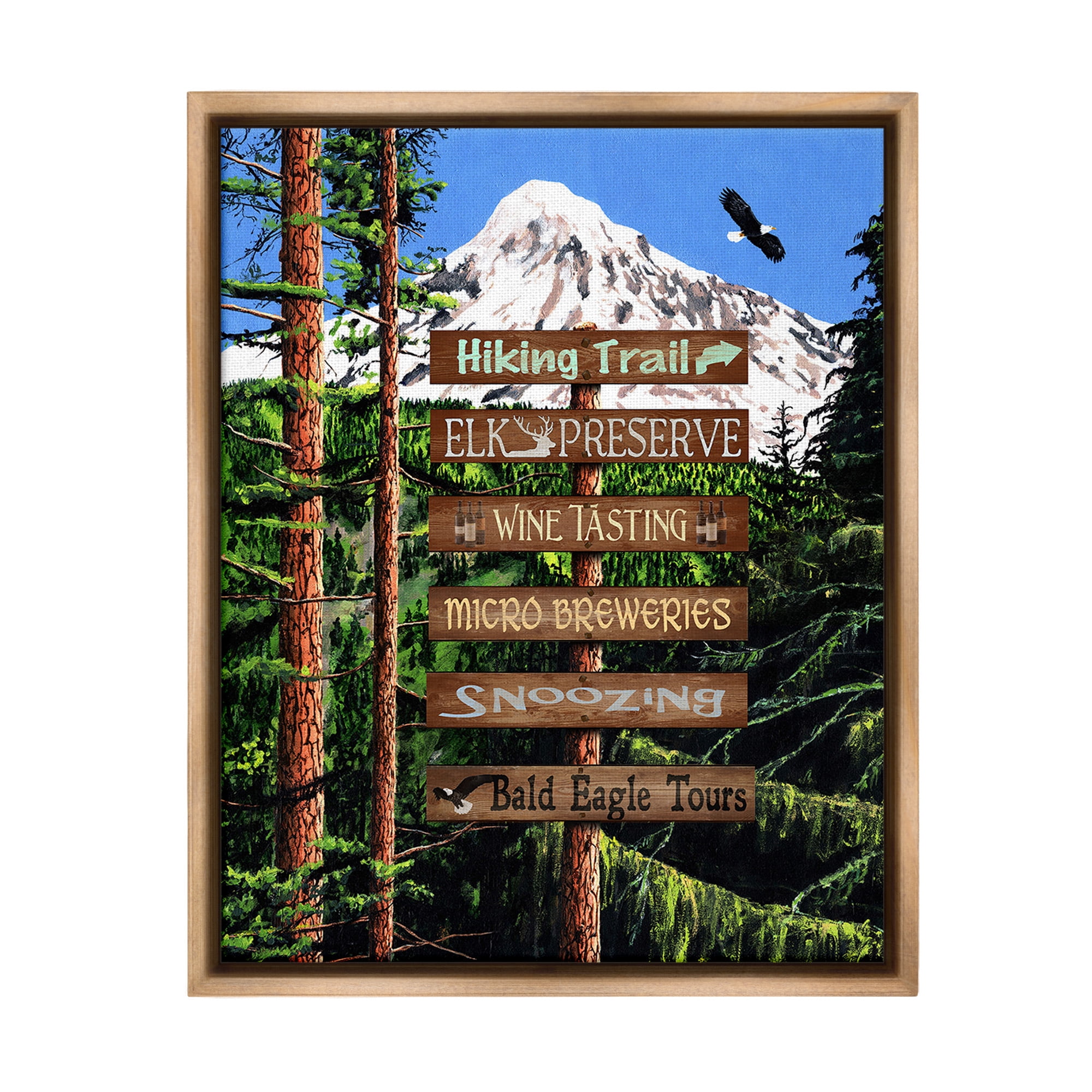 Stupell Industries Woodland Activities Sign Landscape Painting Brown Floater Framed Canvas Art Print Wall Art, 25 x 31