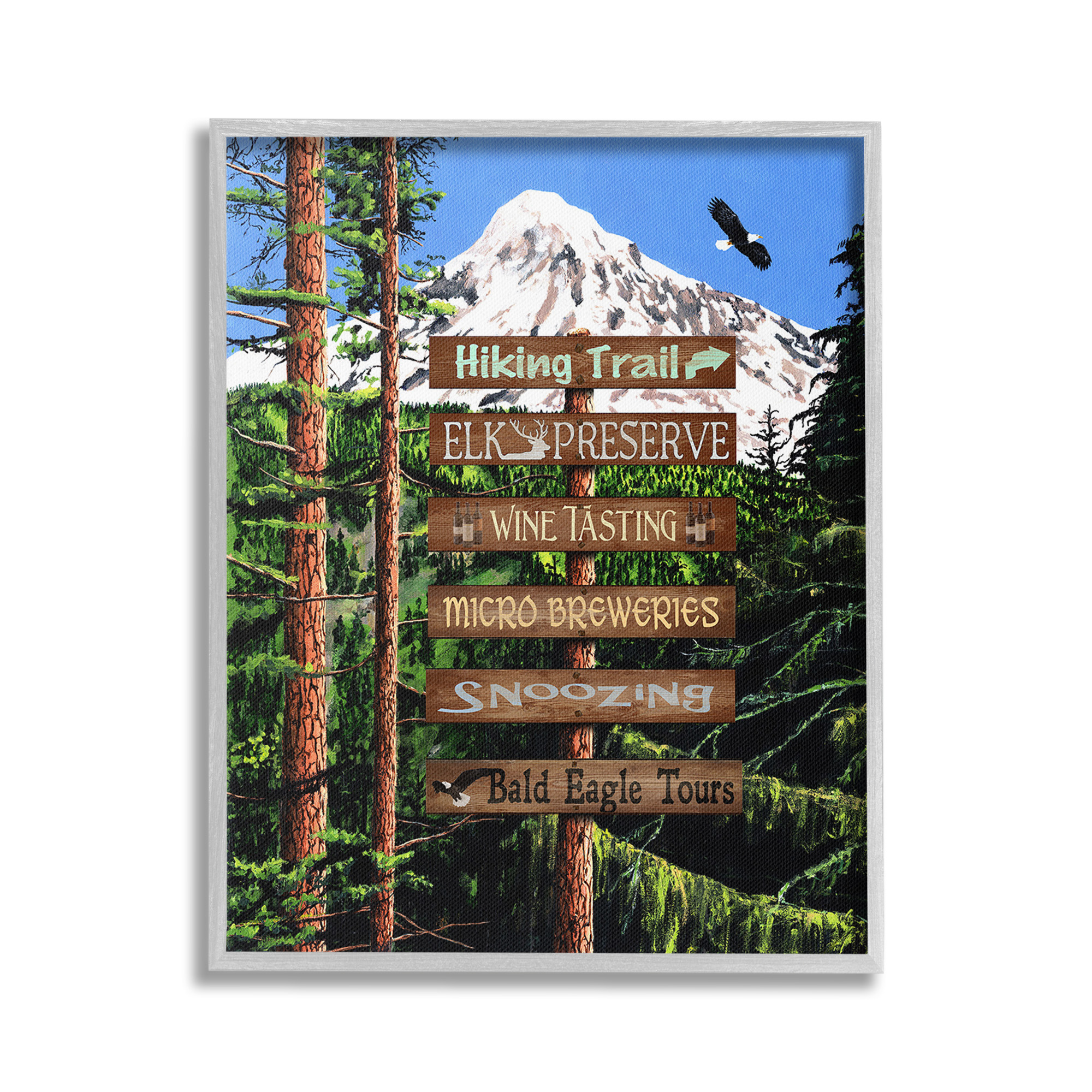Stupell Industries Woodland Activities Sign Landscape Painting Gray Framed Art Print Wall Art, 24 x 30