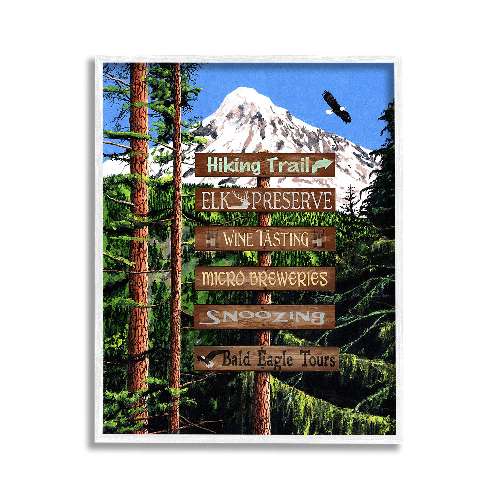 Stupell Industries Woodland Activities Sign Landscape Painting White Framed Art Print Wall Art, 11 x 14