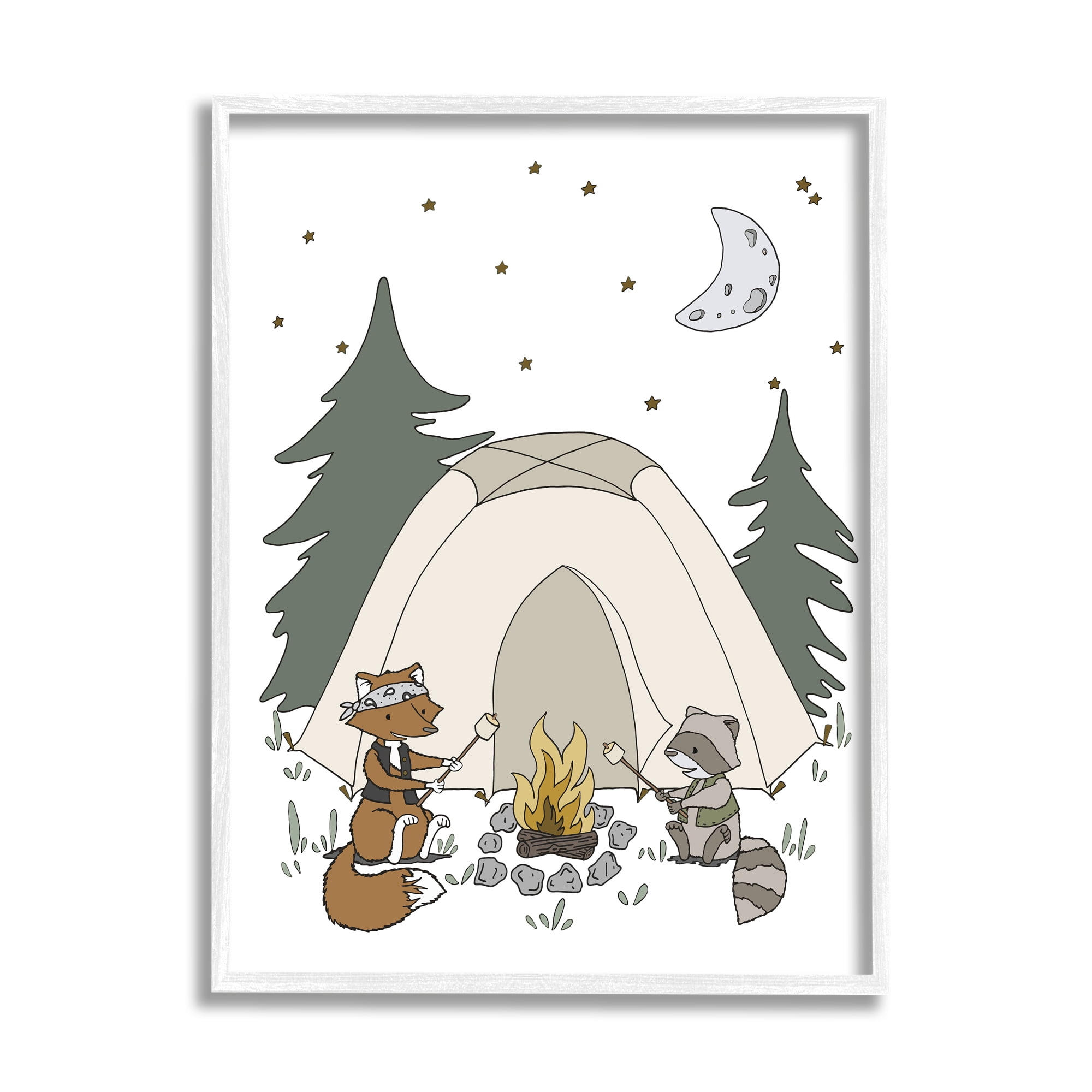 Stupell Industries Woodland Animals Camping Nature Tent Roasting Marshmallows Graphic Art White Framed Art Print Wall Art, Design by Sweet Melody Designs