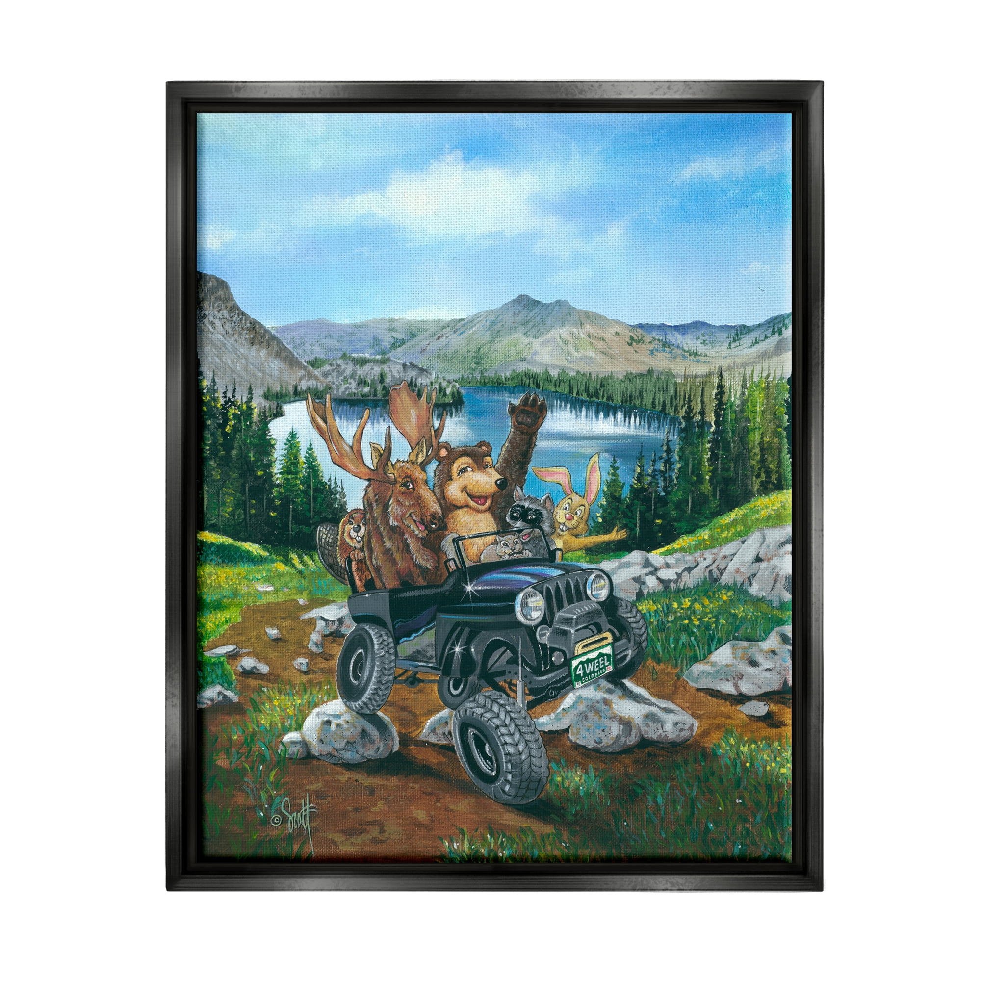 Stupell Industries Woodland Animals Off-Roading Animals & Insects Painting Black Floater Framed Art Print Wall Art, 17 x 21