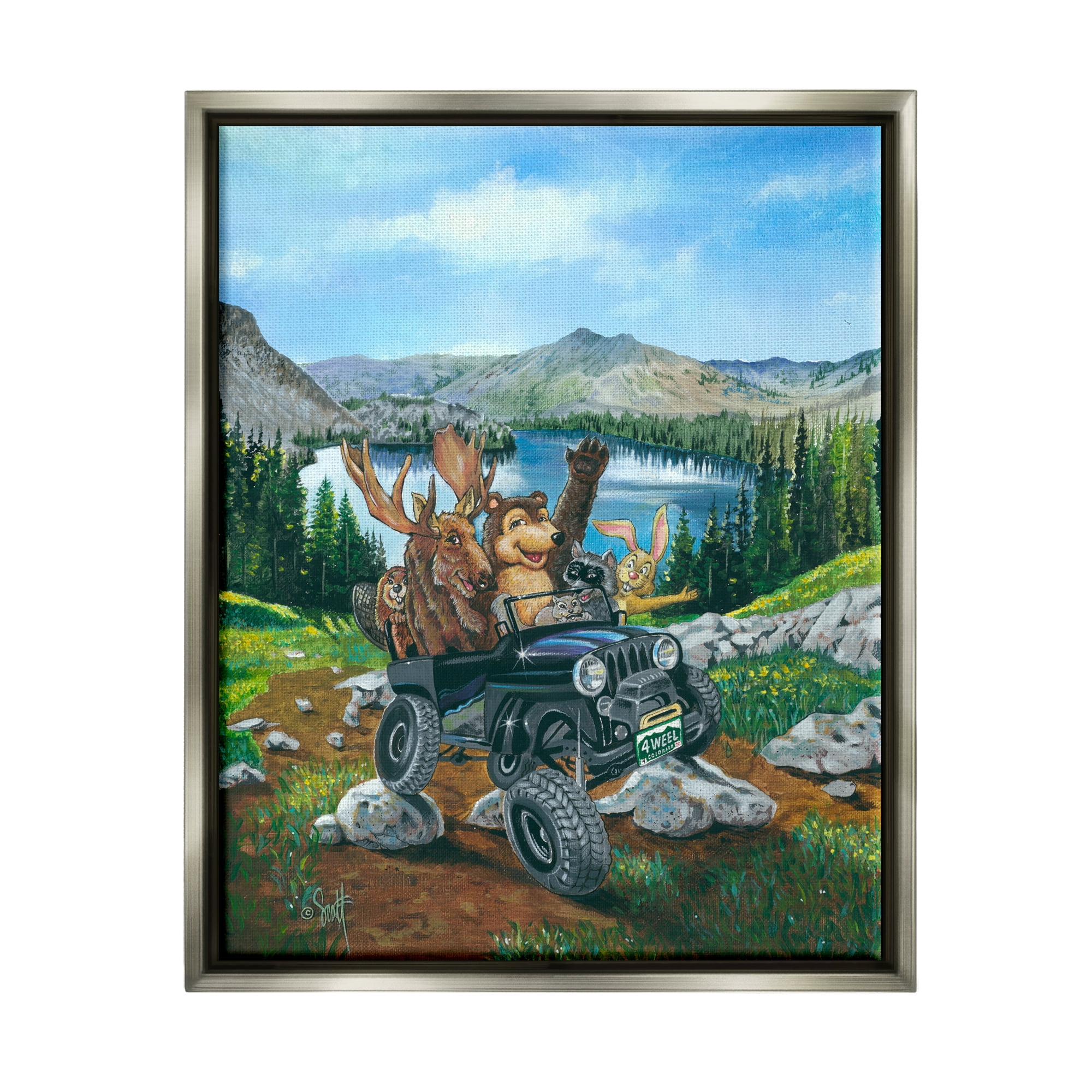 Stupell Industries Woodland Animals Off-Roading Animals & Insects Painting Gray Floater Framed Art Print Wall Art, 25 x 31