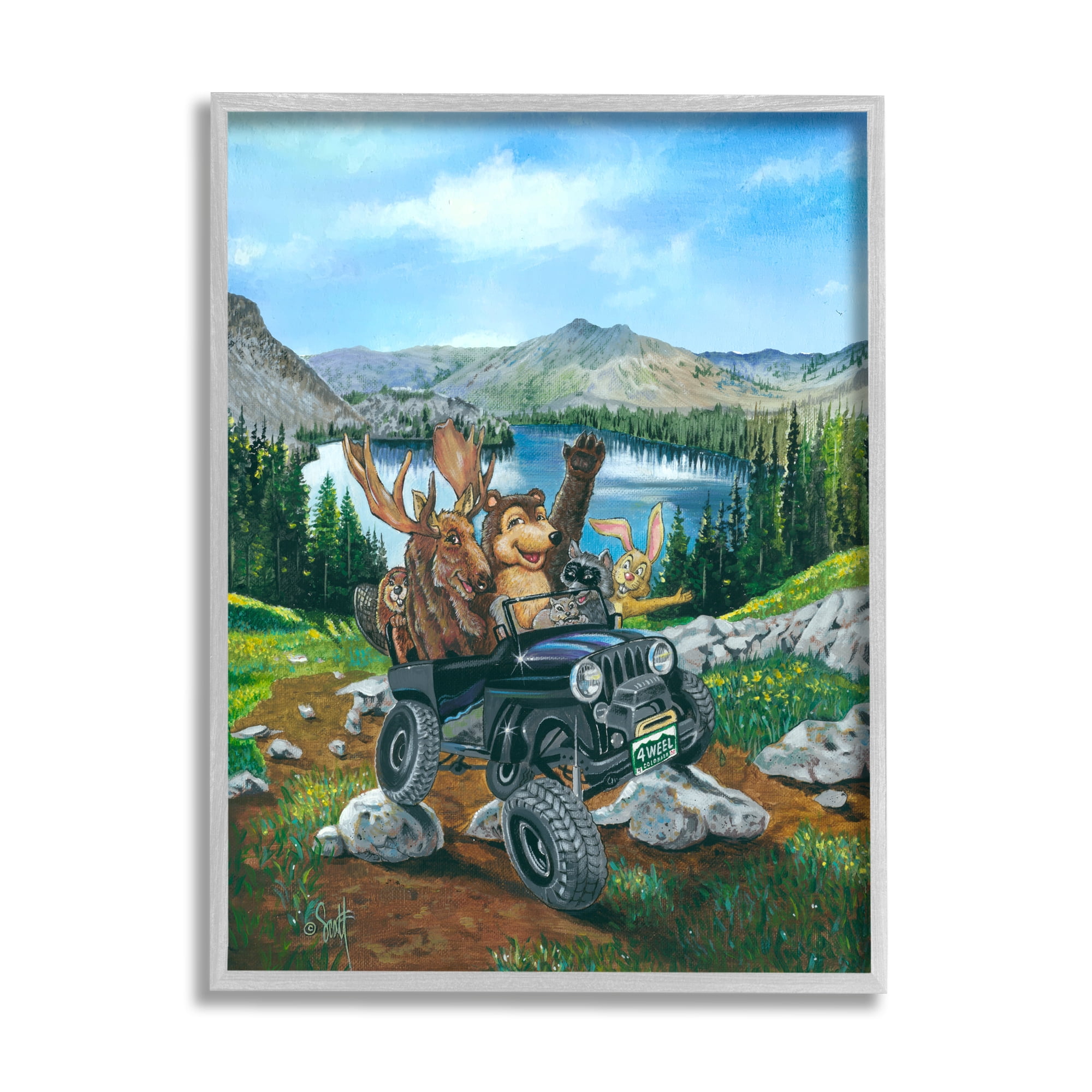 Stupell Industries Woodland Animals Off-Roading Animals & Insects Painting Gray Framed Art Print Wall Art, 16 x 20
