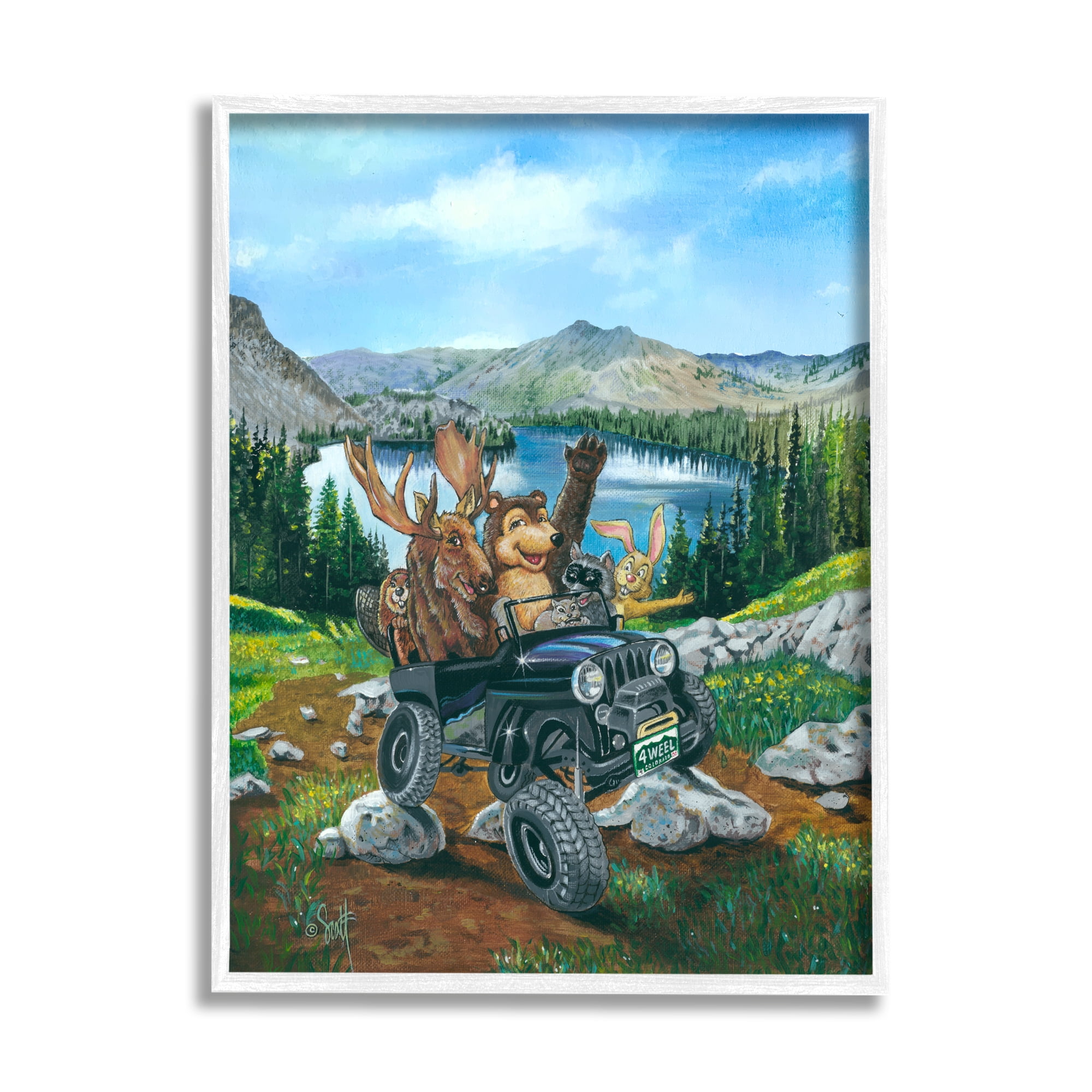Stupell Industries Woodland Animals Off-Roading Animals & Insects Painting White Framed Art Print Wall Art, 11 x 14