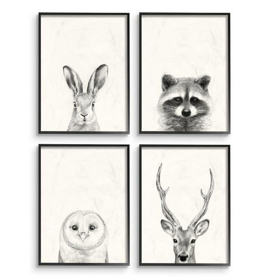 Stupell Industries Woodland Animals Portrait Grey Drawing Design Graphic Art Black Framed Art Print Wall Art Set of 4, 11x14, by Victoria Borges