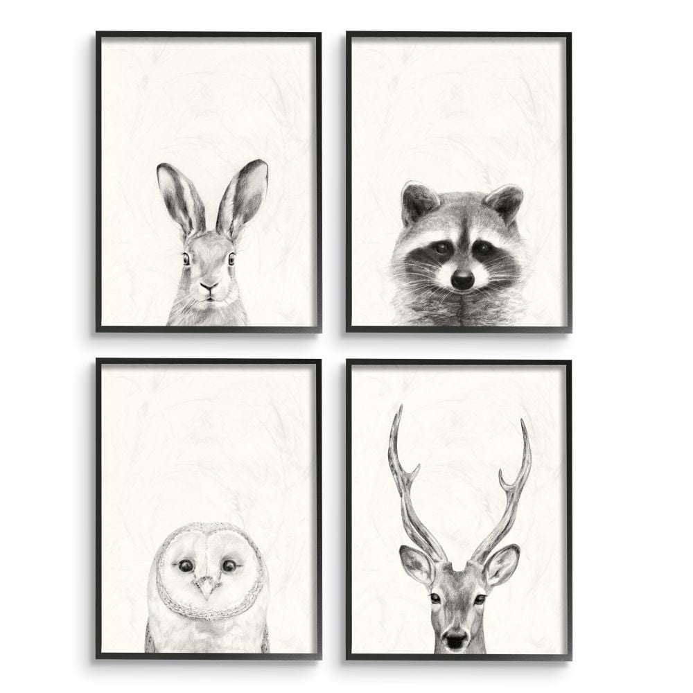 Stupell Industries Woodland Animals Portrait Grey Drawing Design Graphic Art Black Framed Art Print Wall Art Set of 4, 16x20, by Victoria Borges