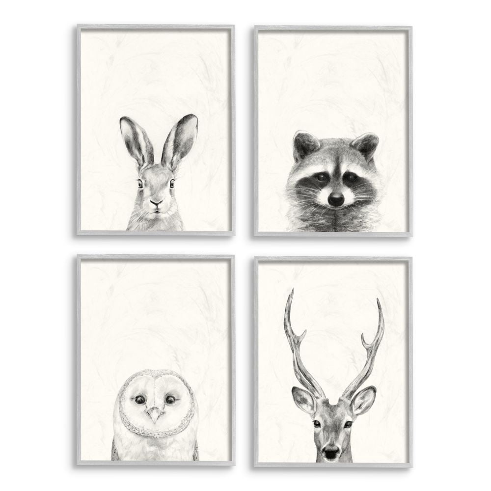 Stupell Industries Woodland Animals Portrait Grey Drawing Design Graphic Art Gray Framed Art Print Wall Art Set of 4, 11x14, by Victoria Borges
