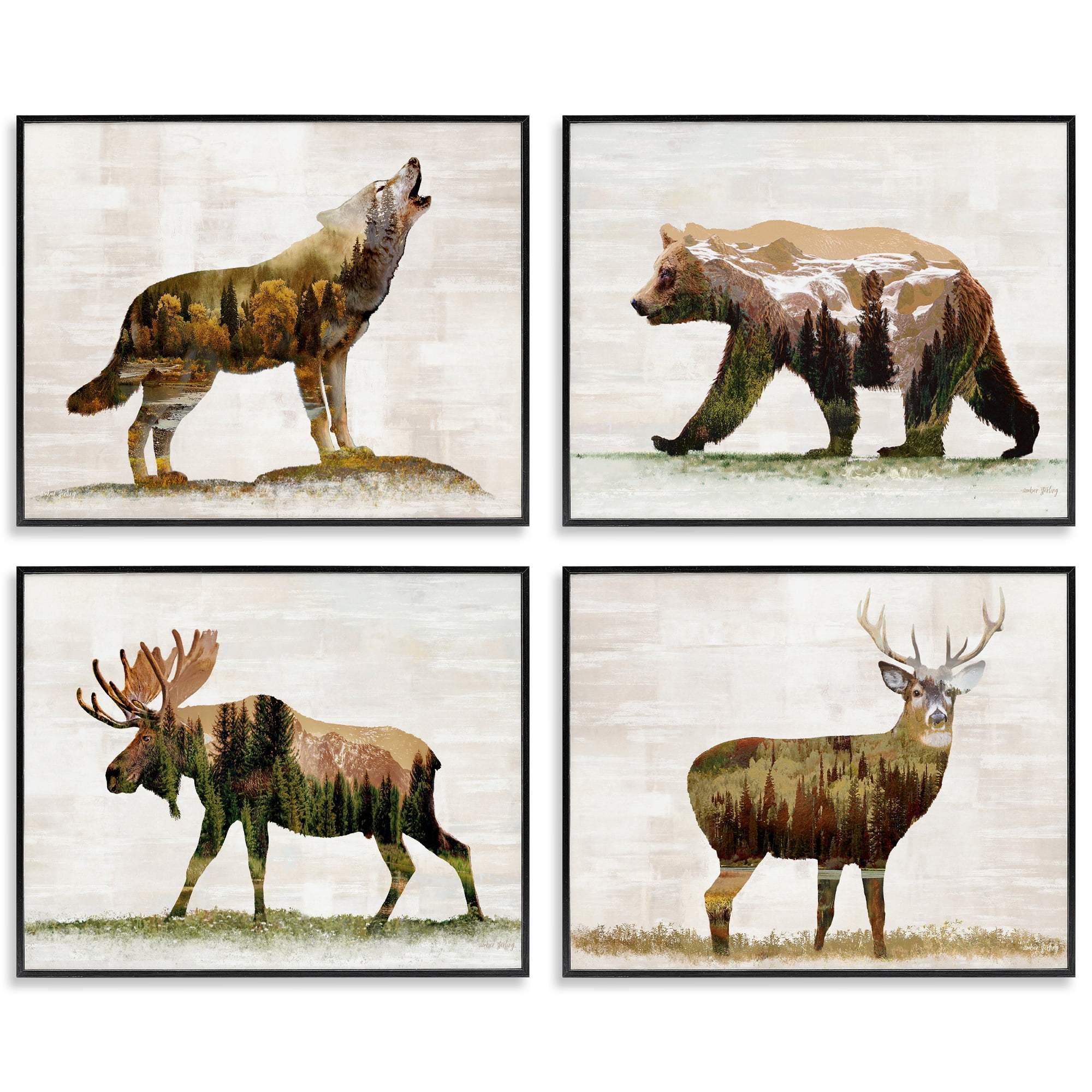 Stupell Industries Woodland Animals Rustic Pattern Animals Painting Black Framed Art Print Wall Art, 14 x 11, Set of 4