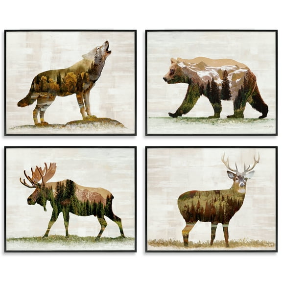 Stupell Industries Woodland Animals Rustic Pattern Animals Painting Black Framed Art Print Wall Art, 14 x 11, Set of 4