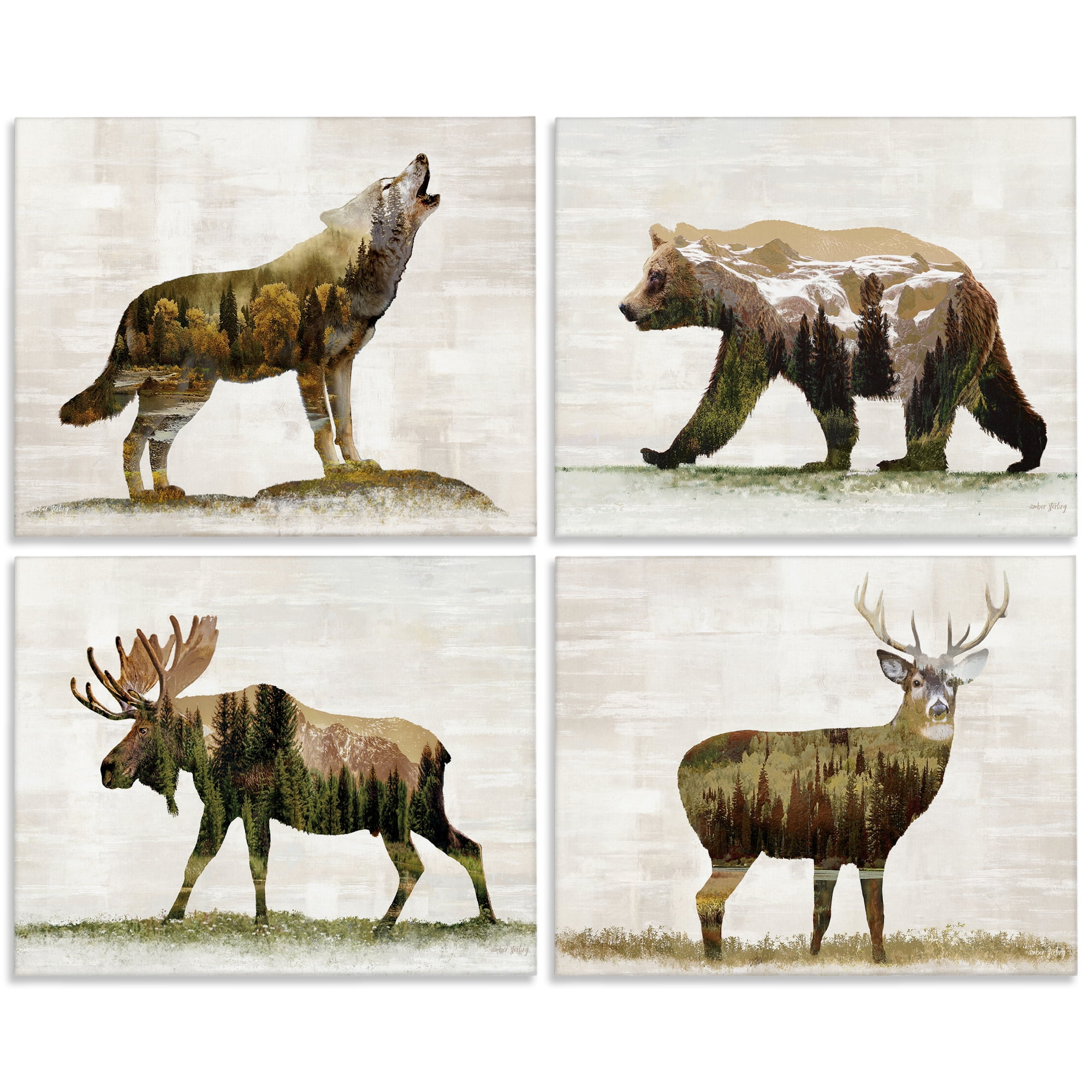 Stupell Industries Woodland Animals Rustic Pattern Animals Painting Wrapped Canvas Art Print Wall Art, 14 x 11, Set of 4