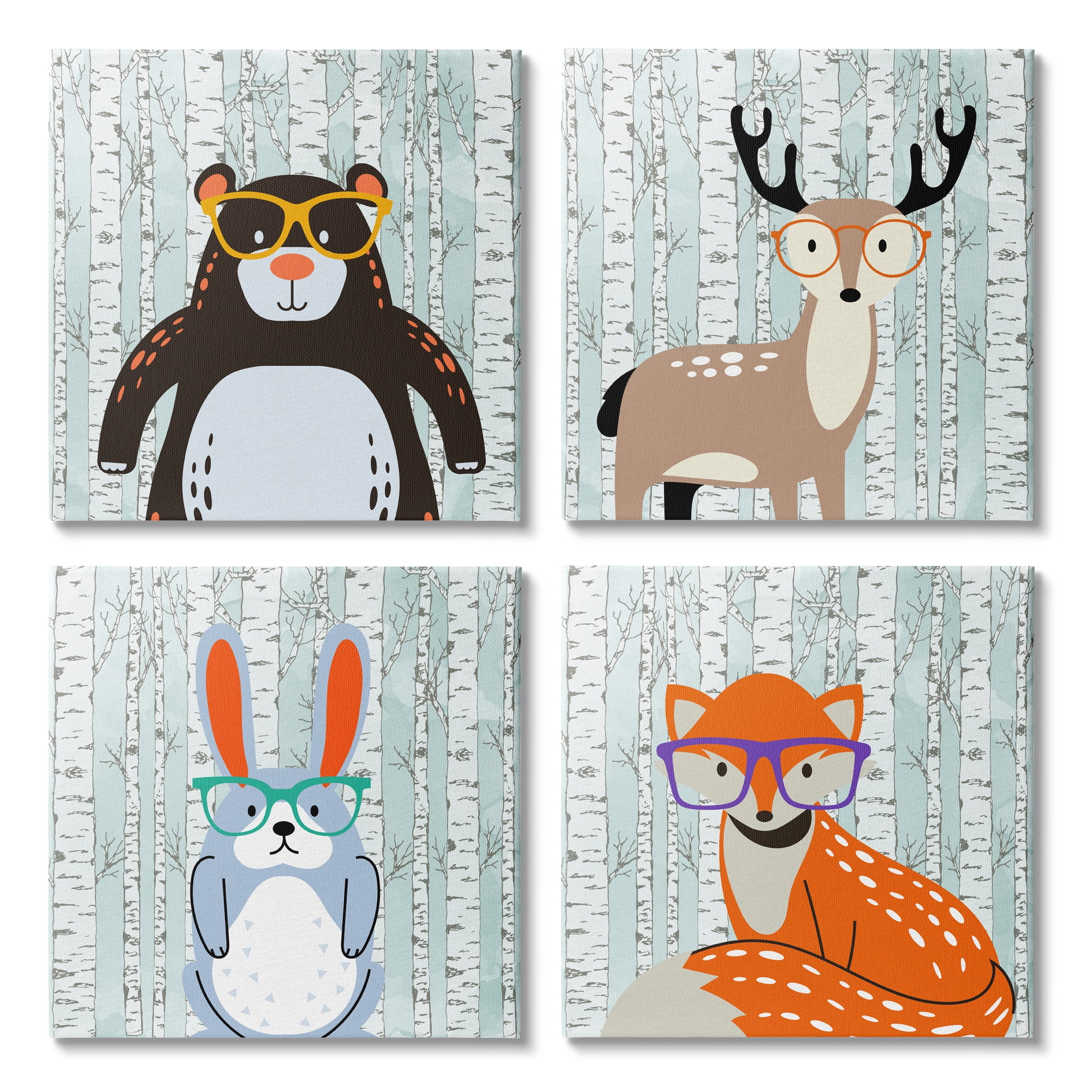 Stupell Industries Woodland Animals in Glasses Animals & Insects Painting Gallery Wrapped Canvas Art Print Wall Art, 17 x 17, Set of 4