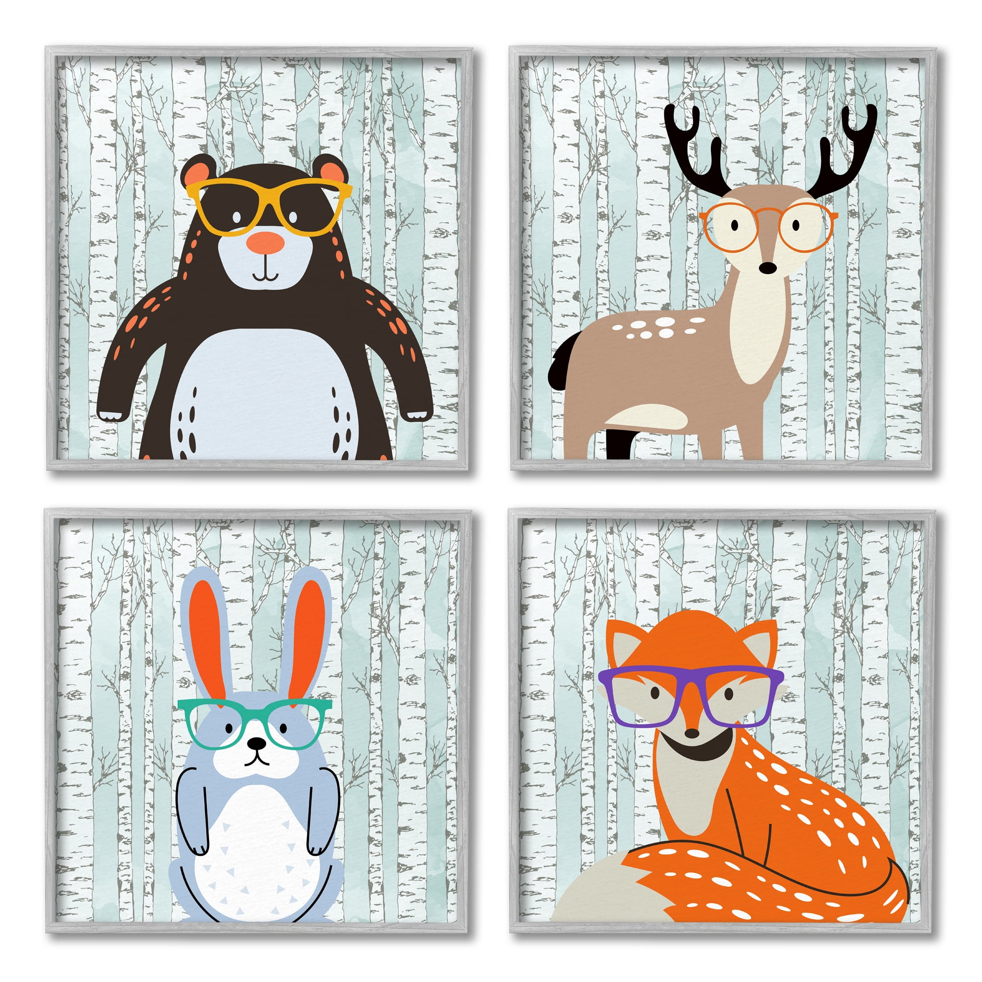 Stupell Industries Woodland Animals in Glasses Animals & Insects Painting Gray Framed Art Print Wall Art, 12 x 12, Set of 4
