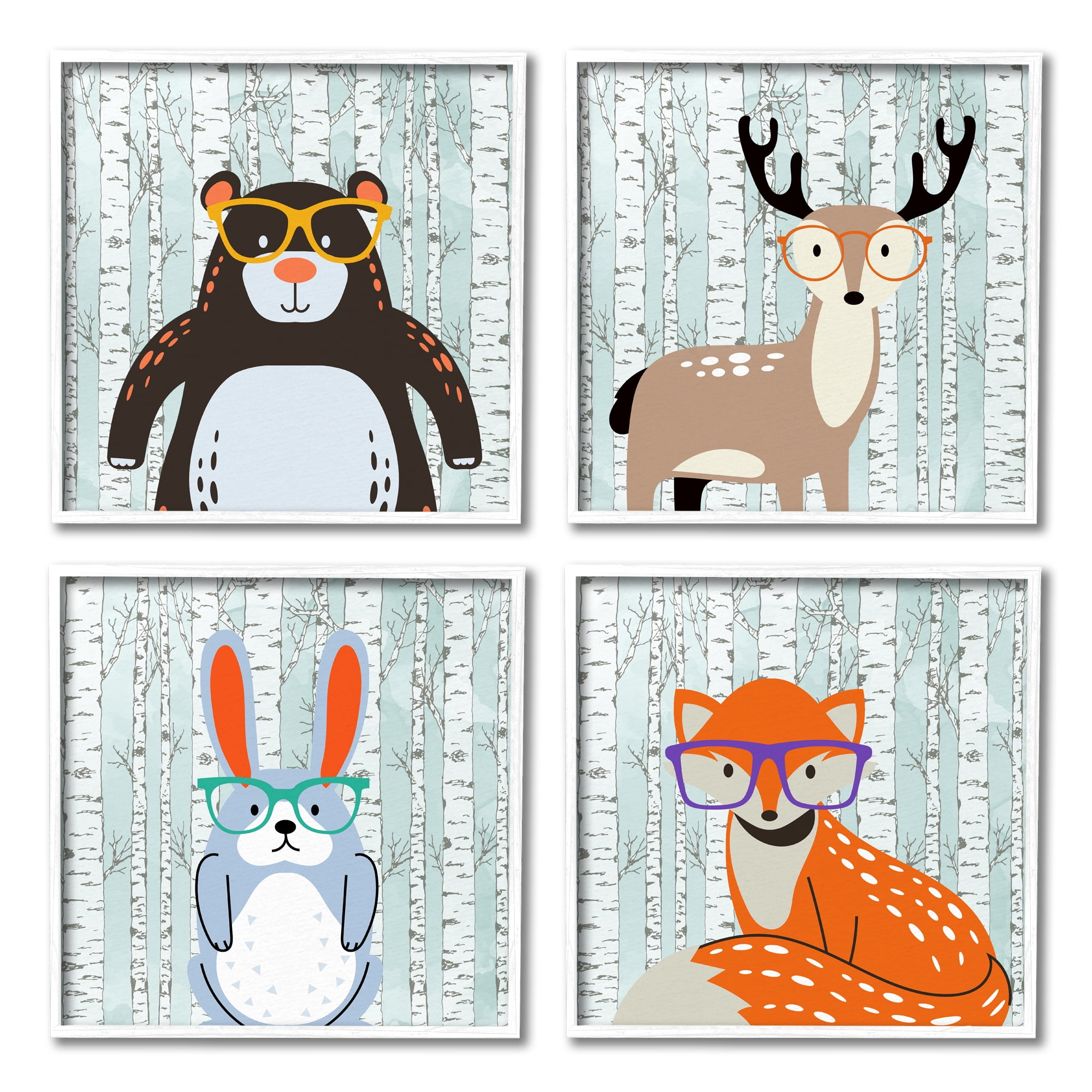 Stupell Industries Woodland Animals in Glasses Animals & Insects Painting White Framed Art Print Wall Art, 17 x 17, Set of 4