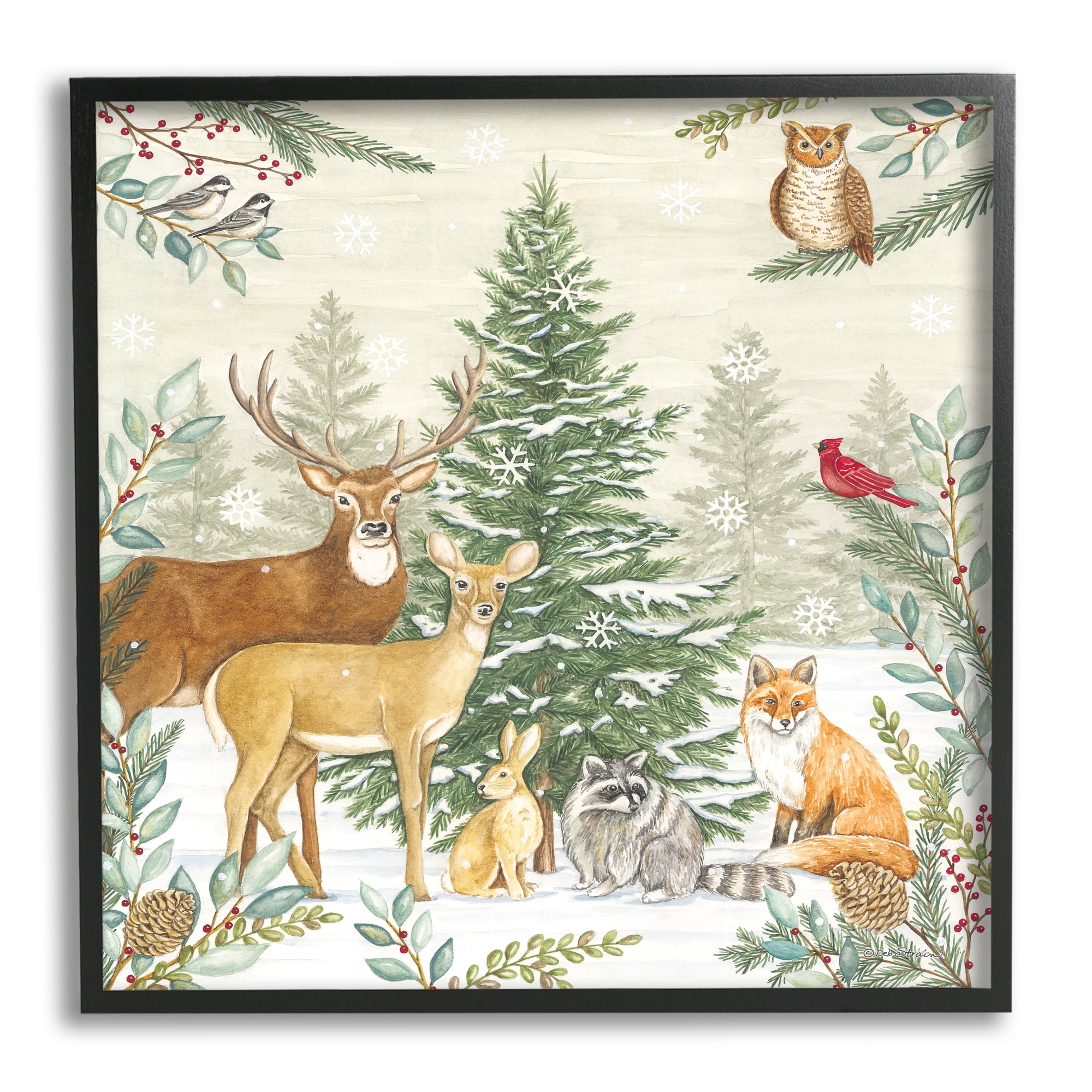 Stupell Industries Woodland Animals in Winter Holiday Painting Black Framed Art Print Wall Art, 12 x 12