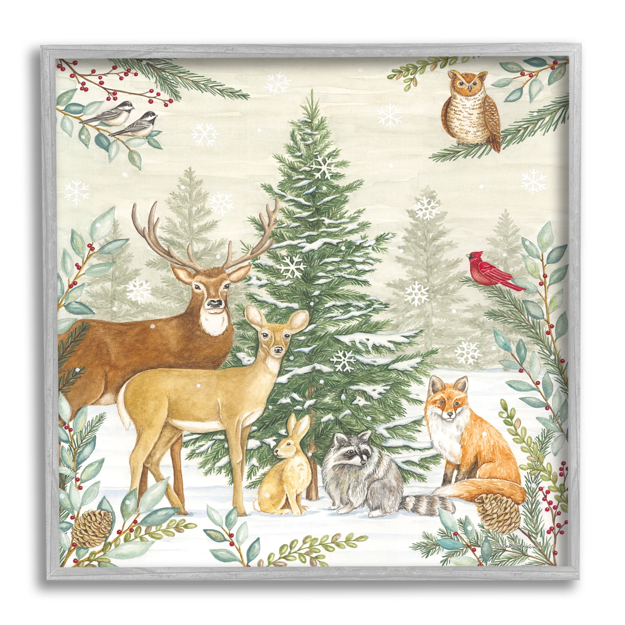 Stupell Industries Woodland Animals in Winter Holiday Painting Gray Framed Art Print Wall Art, 12 x 12
