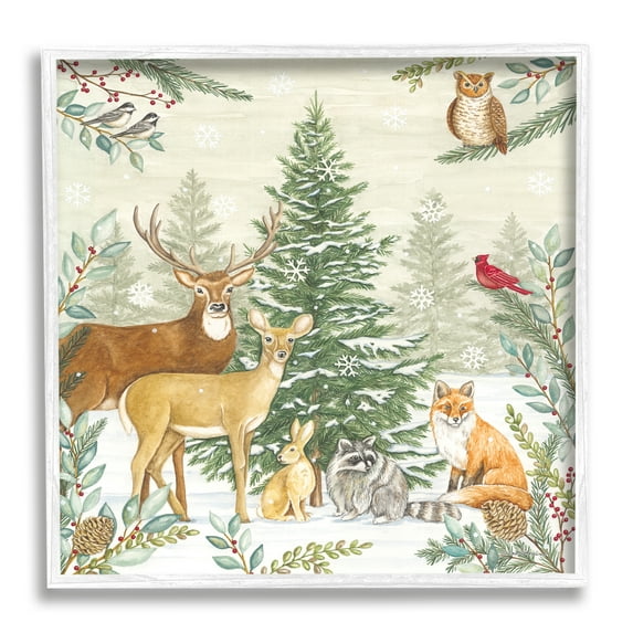 Stupell Industries Woodland Animals in Winter Holiday Painting White Framed Art Print Wall Art, 24 x 24