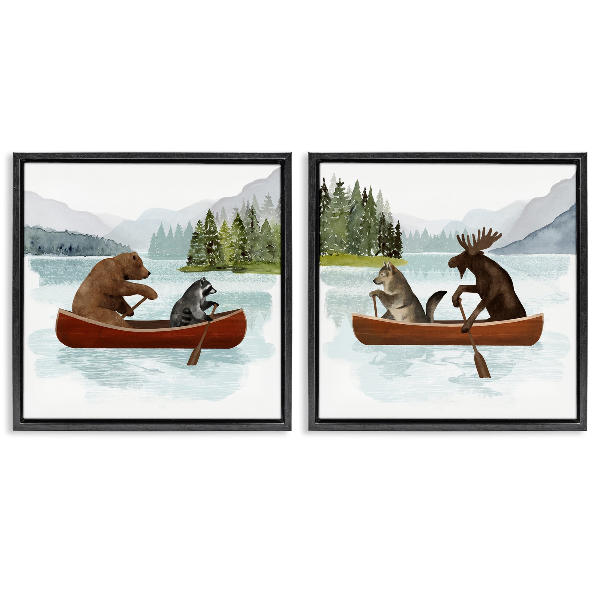 Stupell Industries Woodland Animals on Canoes Animals & Insects Painting Black Floater Framed Canvas Art Print Wall Art, 25 x 25, Set of 2