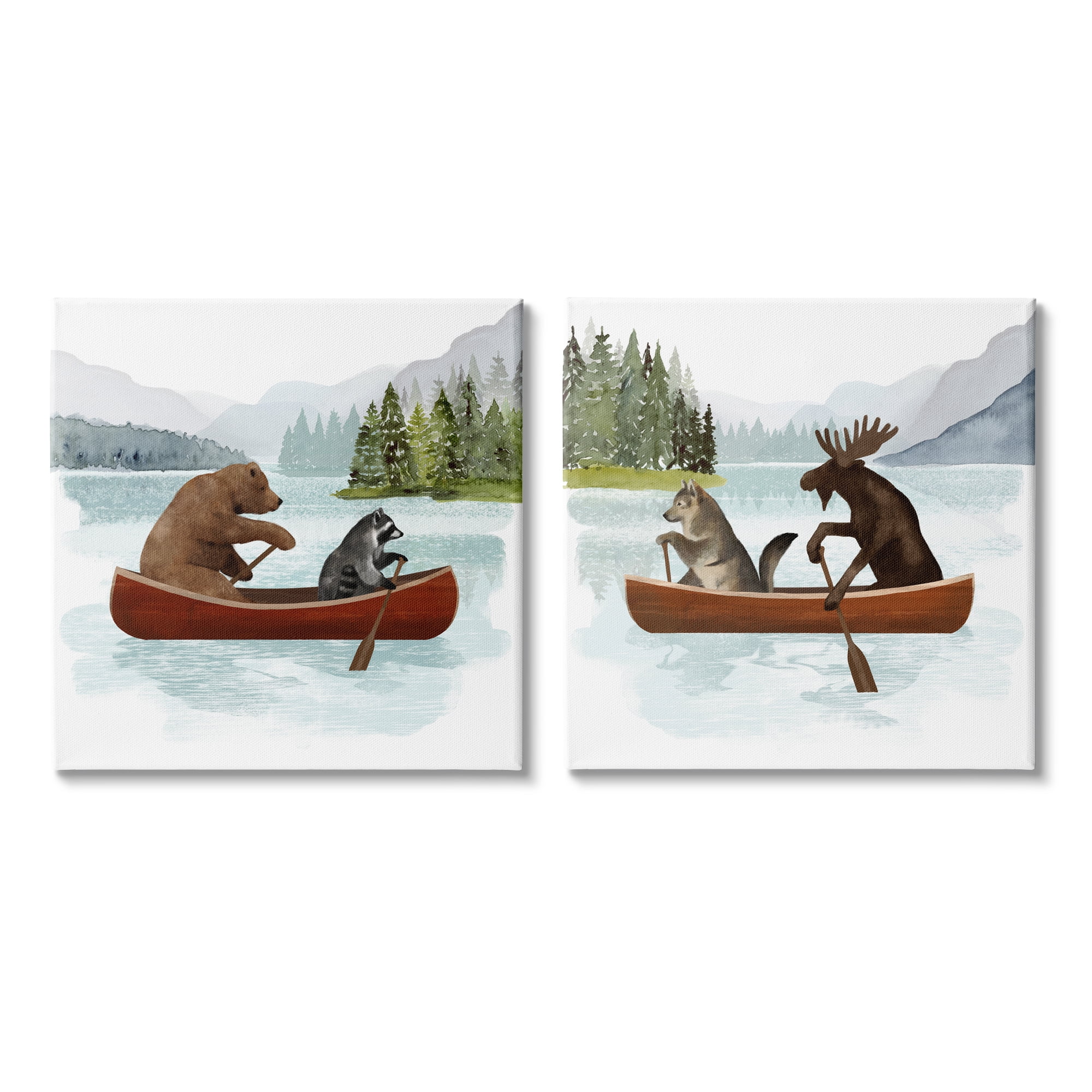 Stupell Industries Woodland Animals on Canoes Animals & Insects Painting Gallery Wrapped Canvas Print Wall Art, 17 x 17, Set of 2