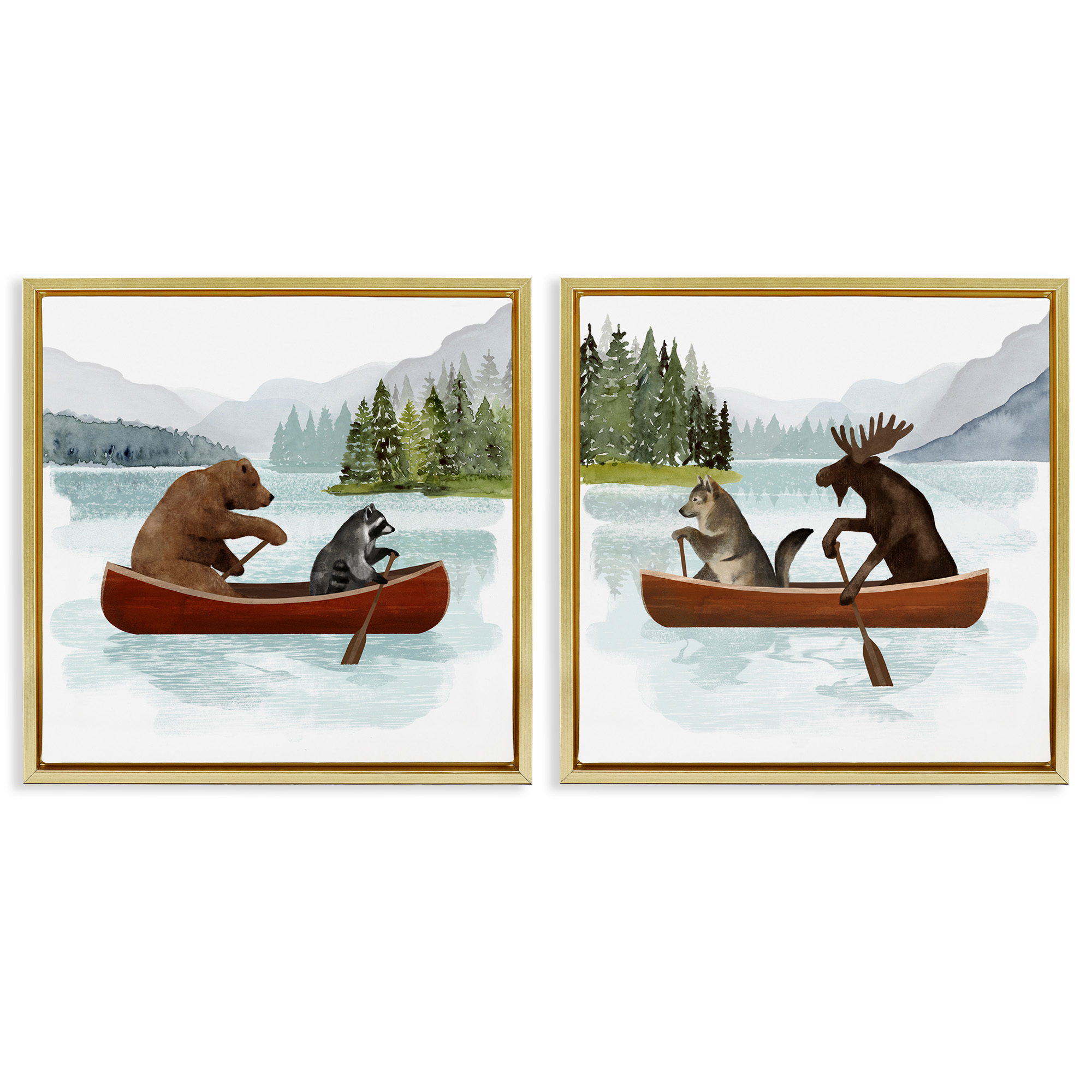 Stupell Industries Woodland Animals on Canoes Animals & Insects Painting Gold Floater Framed Canvas Art Print Wall Art, 25 x 25, Set of 2