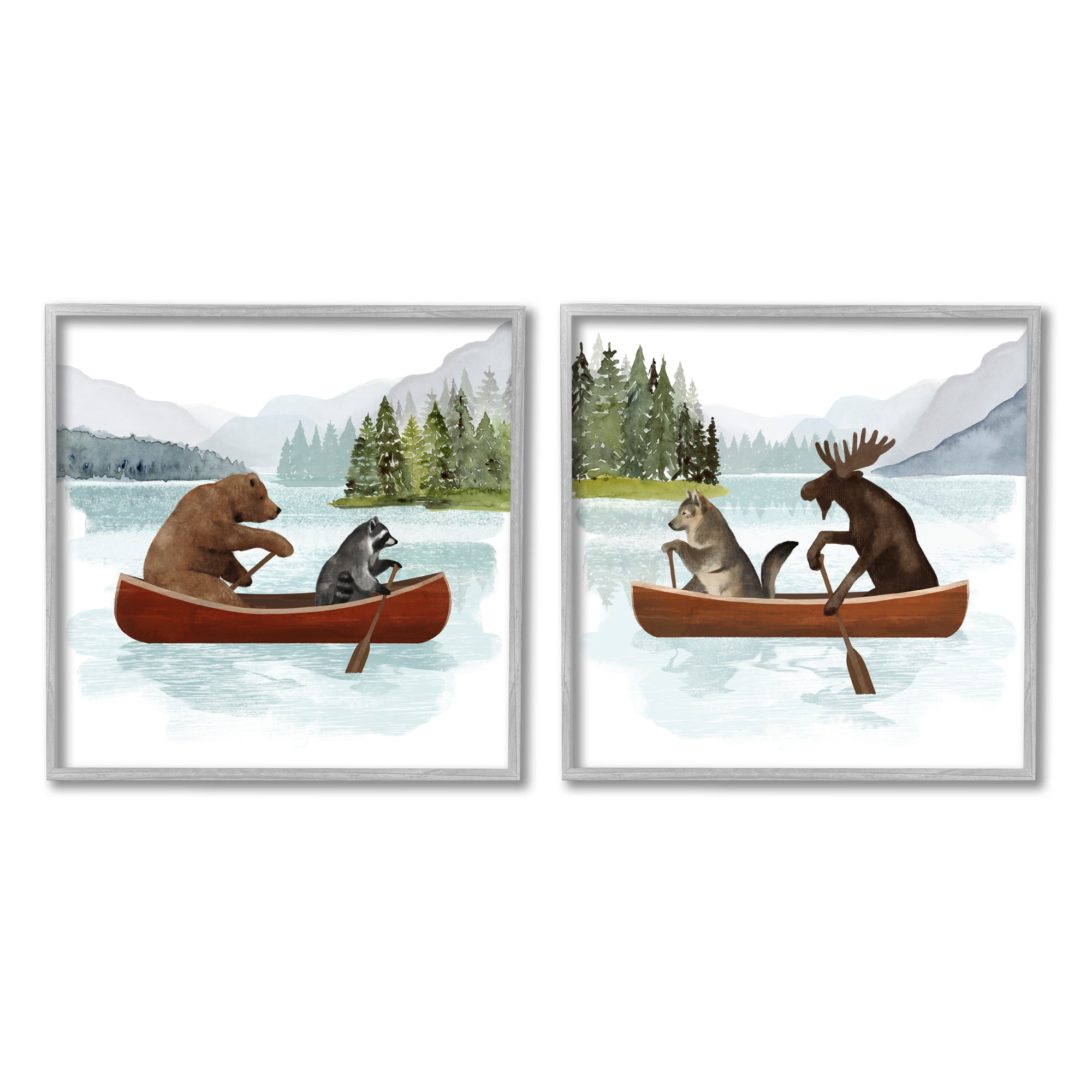 Stupell Industries Woodland Animals on Canoes Animals & Insects Painting Gray Framed Art Print Wall Art, 24 x 24, Set of 2