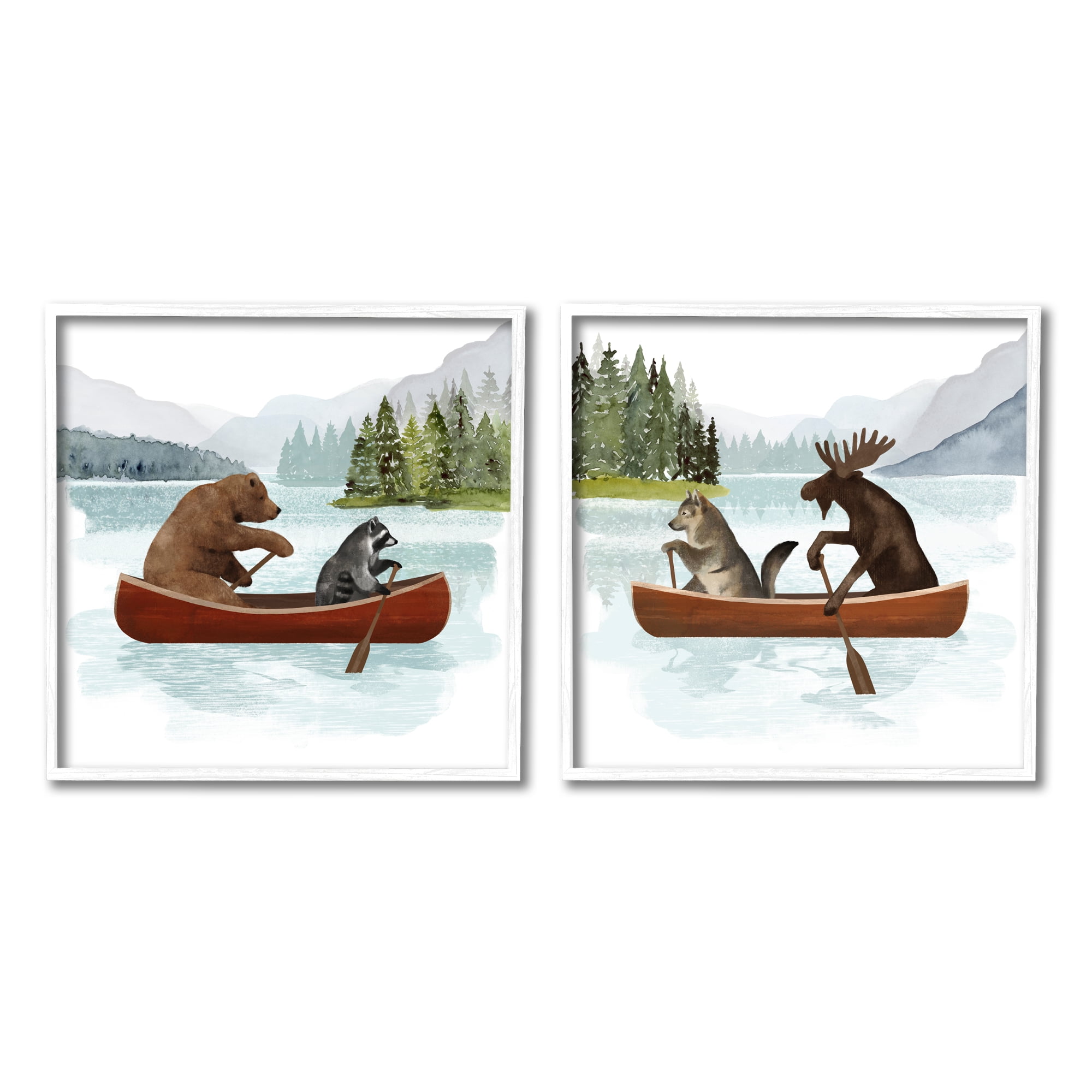 Stupell Industries Woodland Animals on Canoes Animals & Insects Painting White Framed Art Print Wall Art, 24 x 24, Set of 2