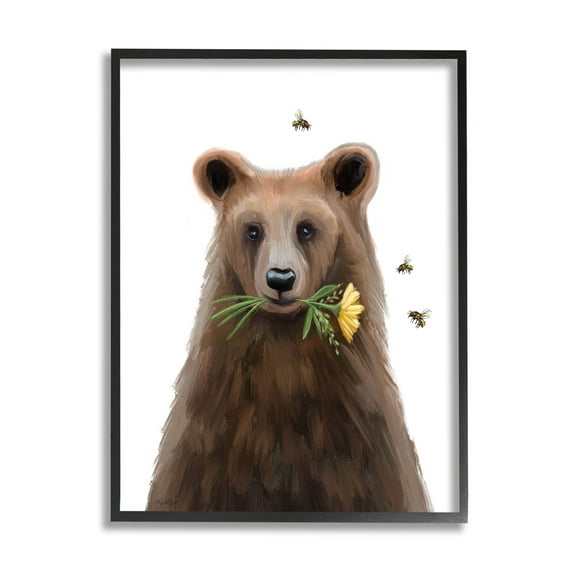 Stupell Industries Woodland Bear Flower Sprig Graphic Art Black Framed Art Print Wall Art, Design by Elizabeth Tyndall