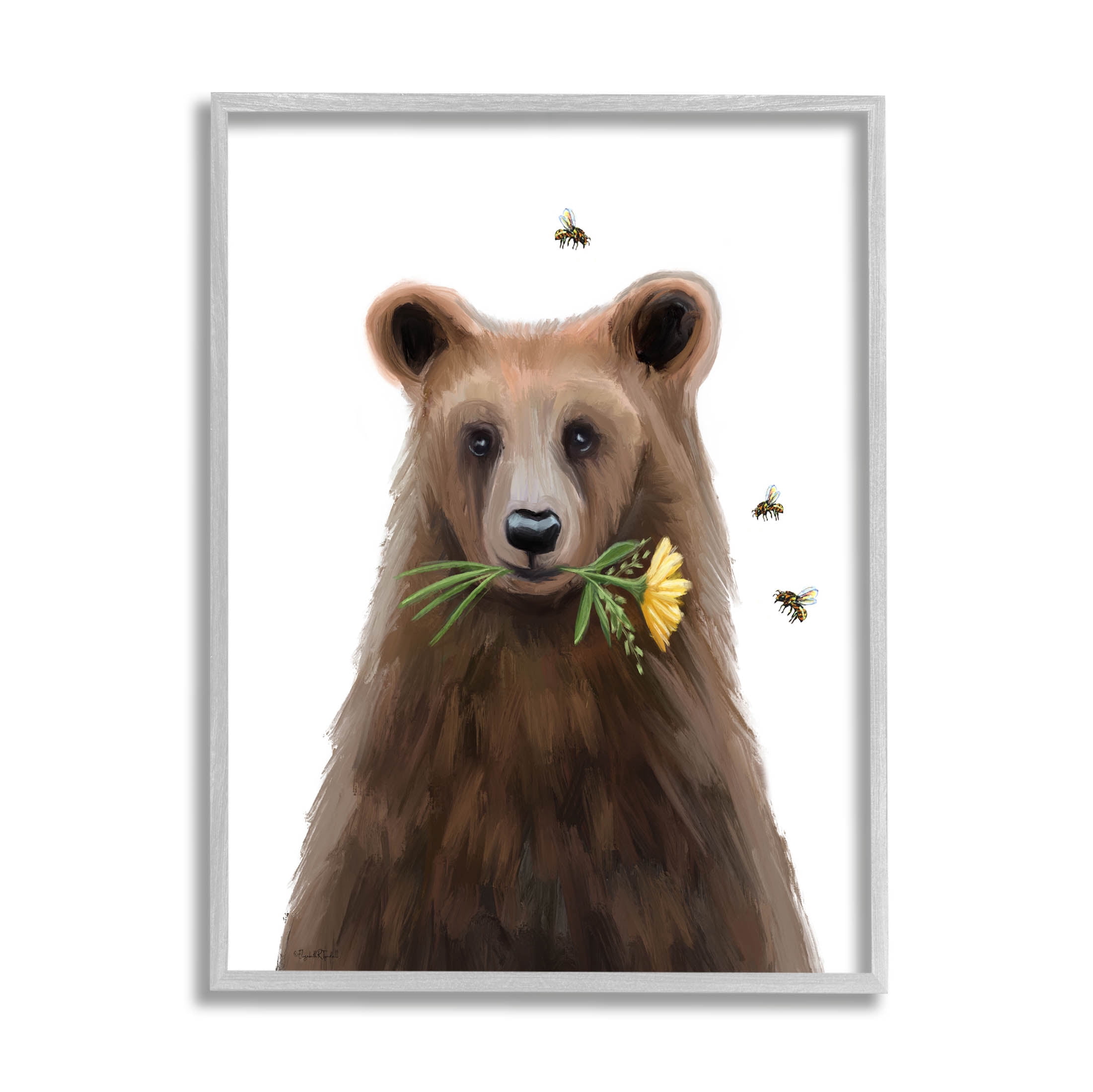 Stupell Industries Woodland Bear Flower Sprig Graphic Art Gray Framed Art Print Wall Art, Design by Elizabeth Tyndall
