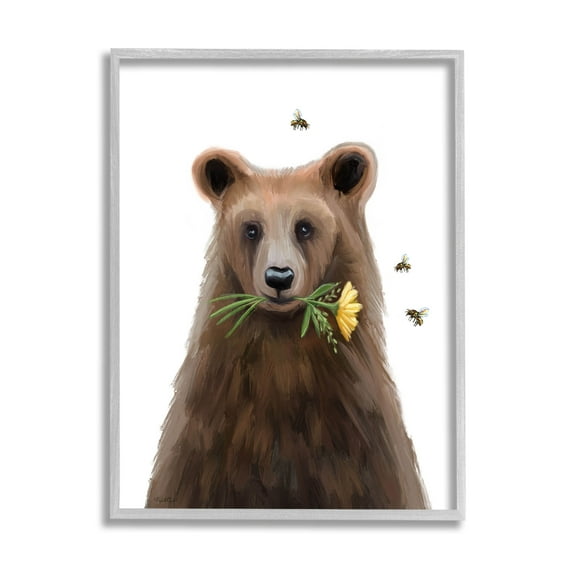Stupell Industries Woodland Bear Flower Sprig Graphic Art Gray Framed Art Print Wall Art, Design by Elizabeth Tyndall